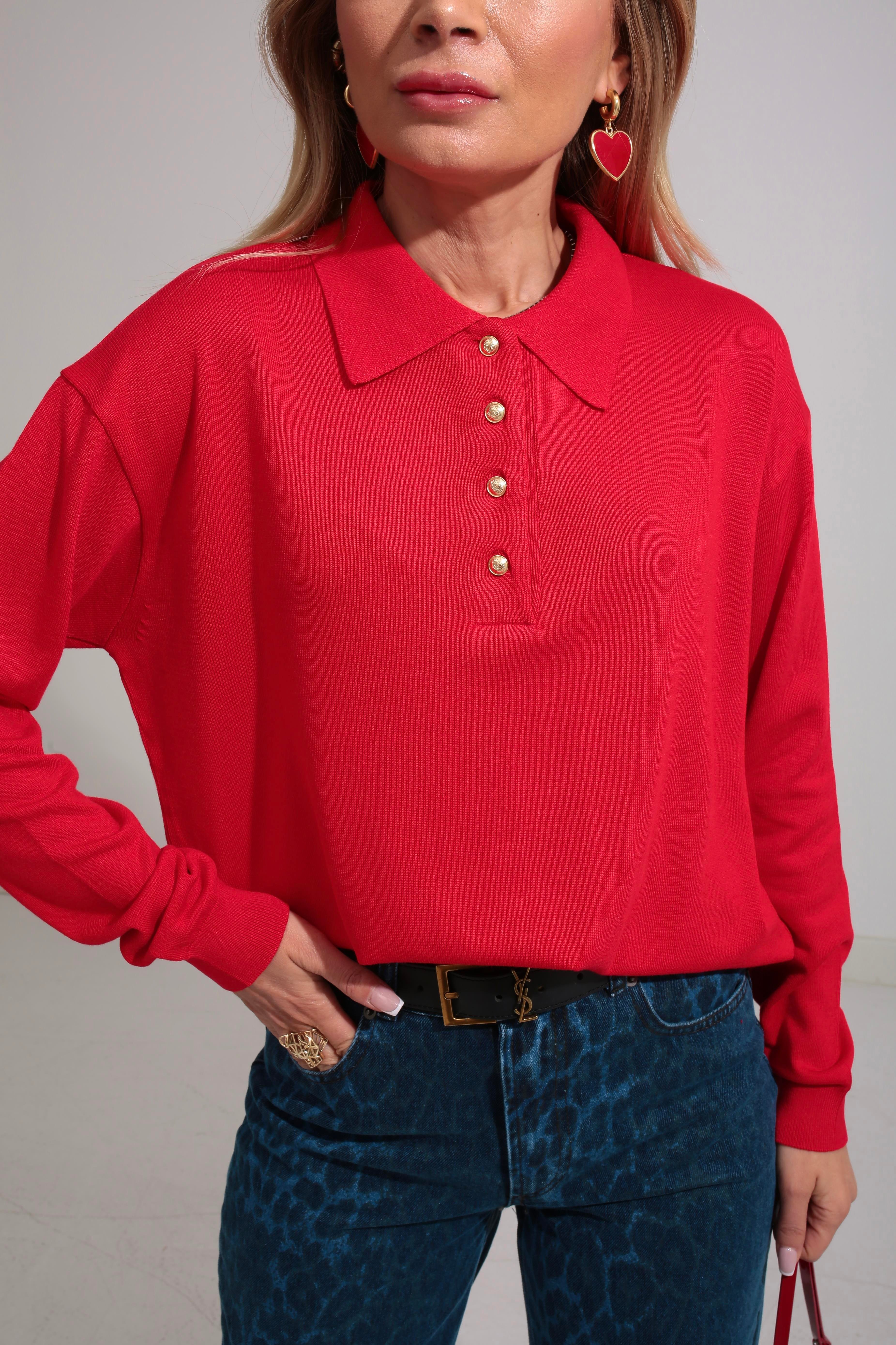 Polo Yaka Gold Düğmeli Oversize Kırmızı Triko Kazak TRİKO VE KAZAK