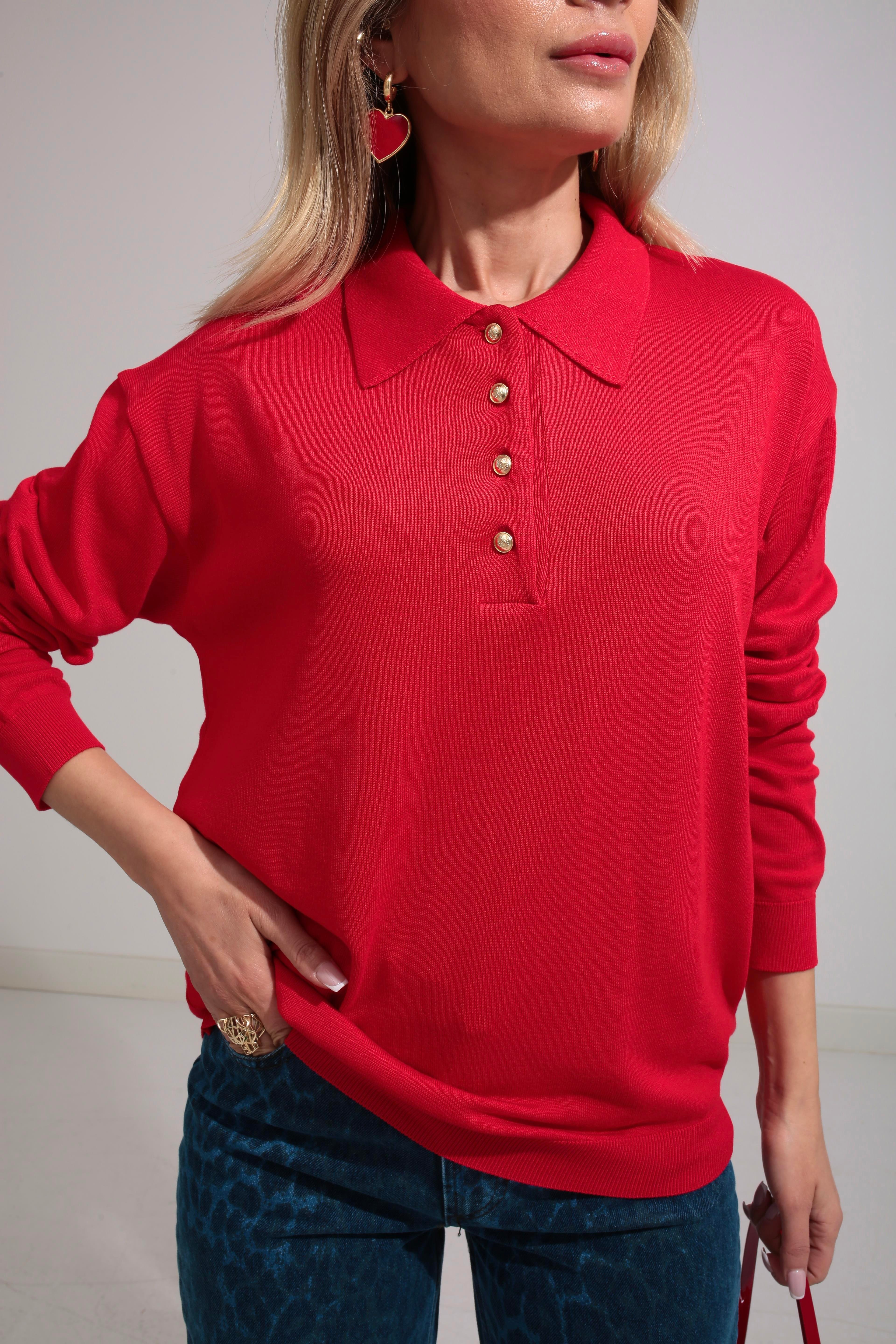 Polo Yaka Gold Düğmeli Oversize Kırmızı Triko Kazak TRİKO VE KAZAK