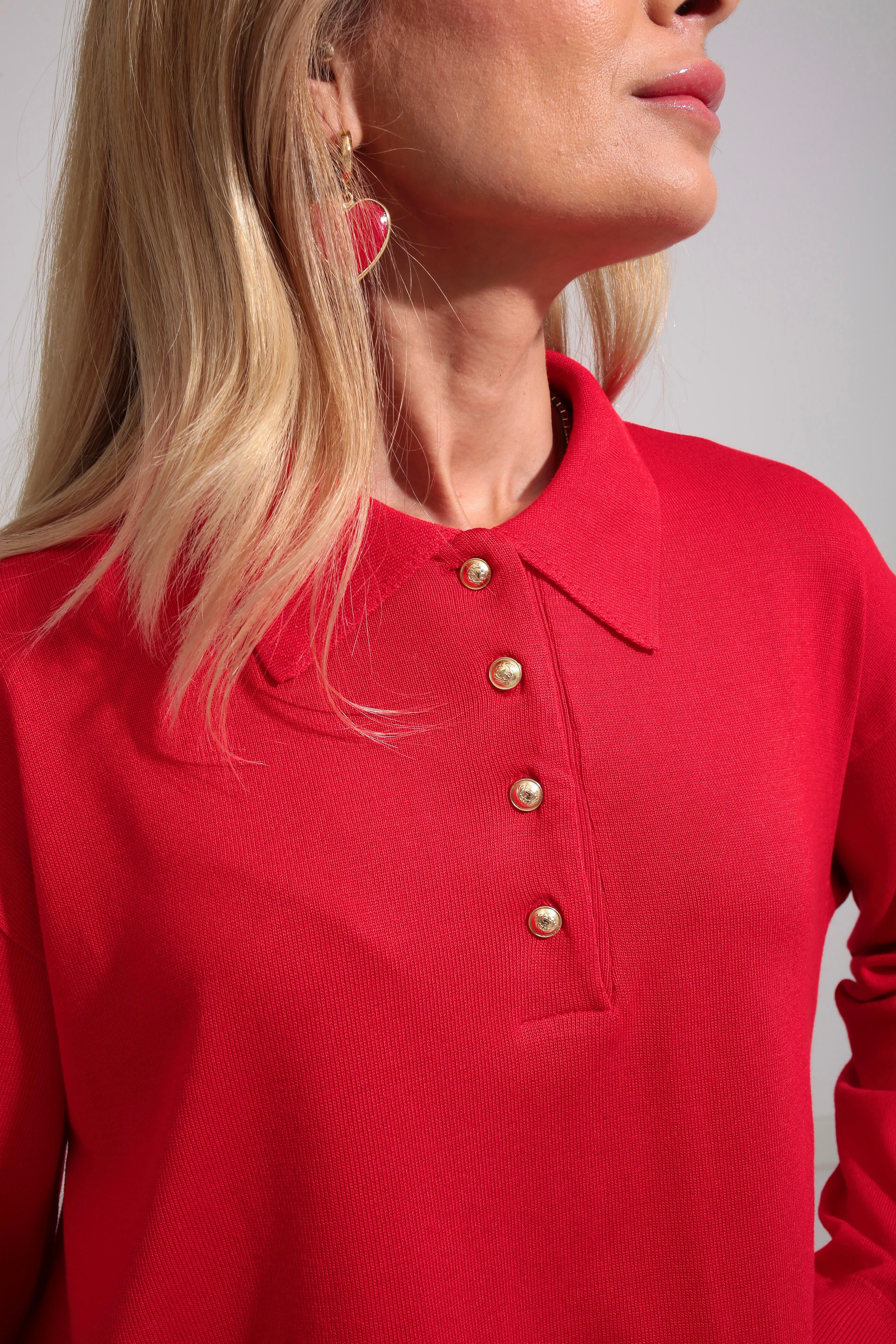 Polo Yaka Gold Düğmeli Oversize Kırmızı Triko Kazak TRİKO VE KAZAK