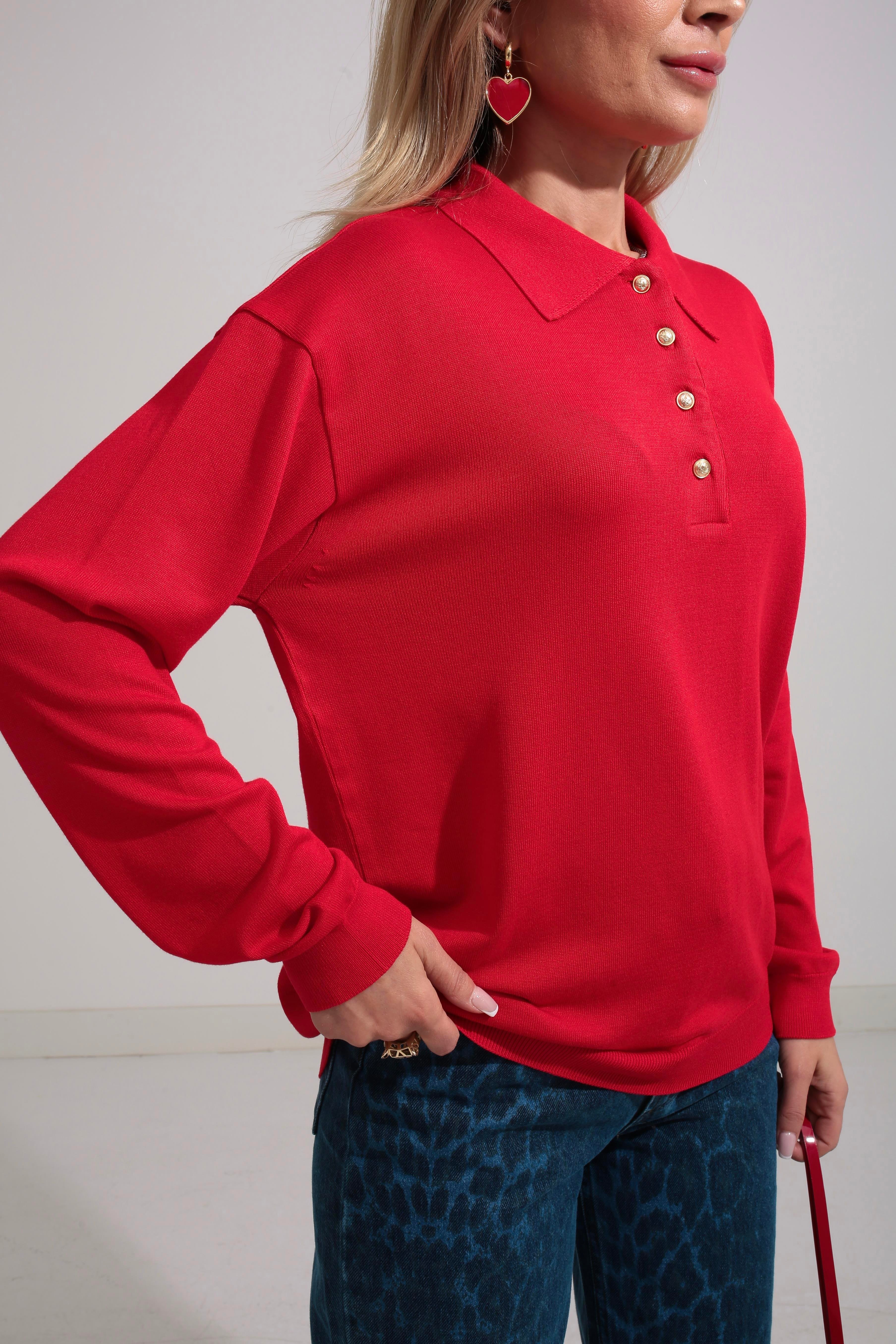 Polo Yaka Gold Düğmeli Oversize Kırmızı Triko Kazak TRİKO VE KAZAK