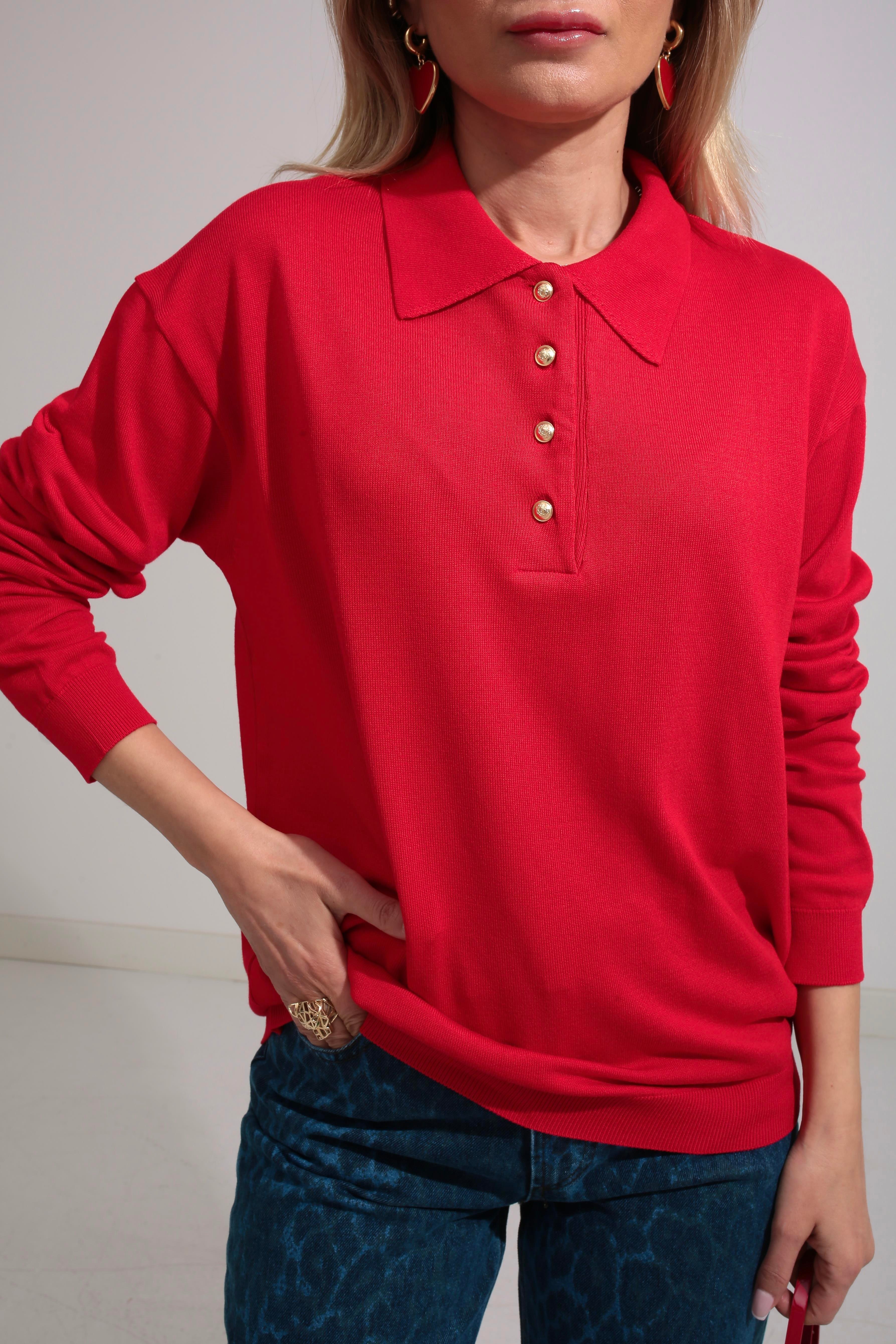 Polo Yaka Gold Düğmeli Oversize Kırmızı Triko Kazak TRİKO VE KAZAK