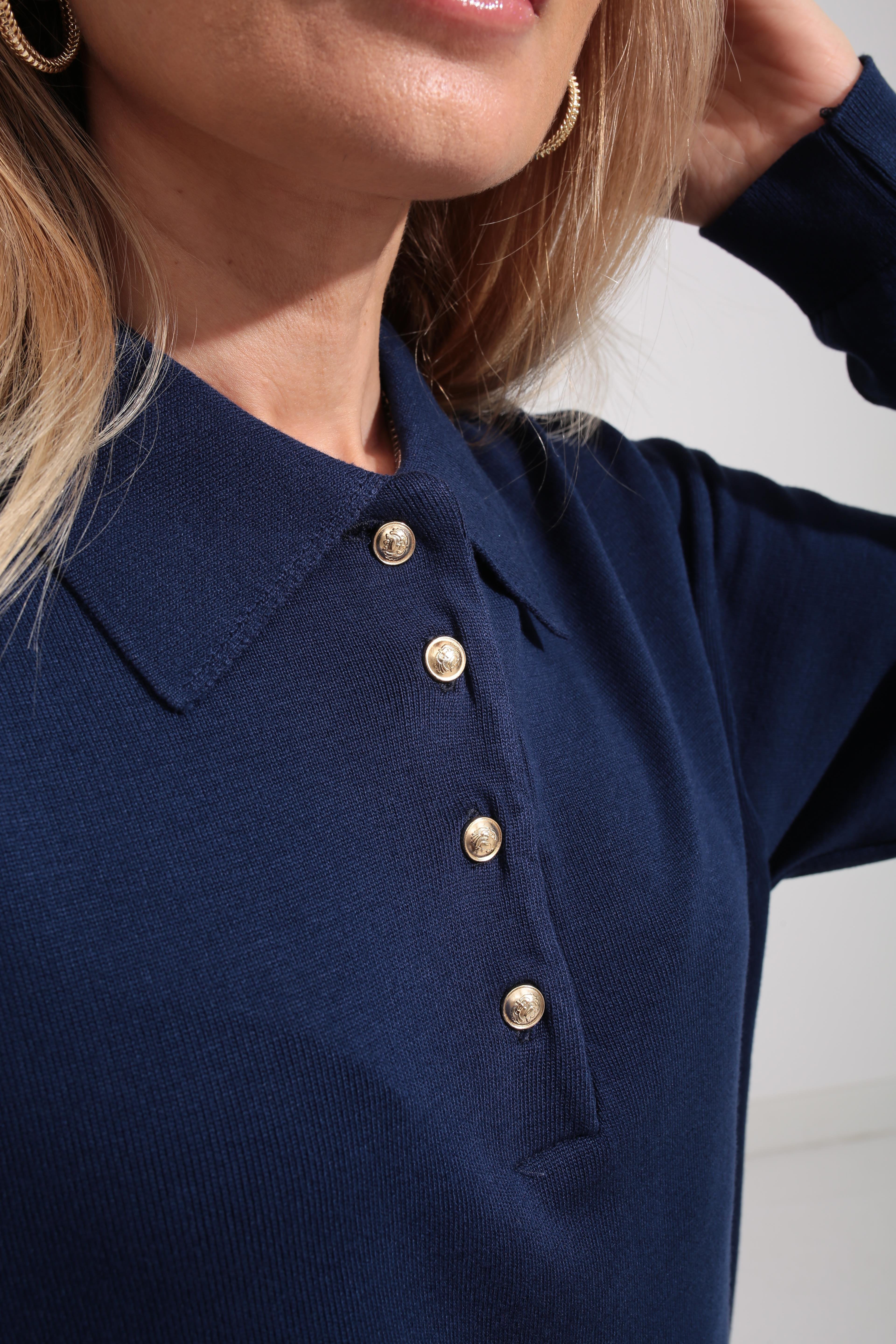 Polo Yaka Gold Düğmeli Oversize Lacivertı Triko Kazak TRİKO VE KAZAK