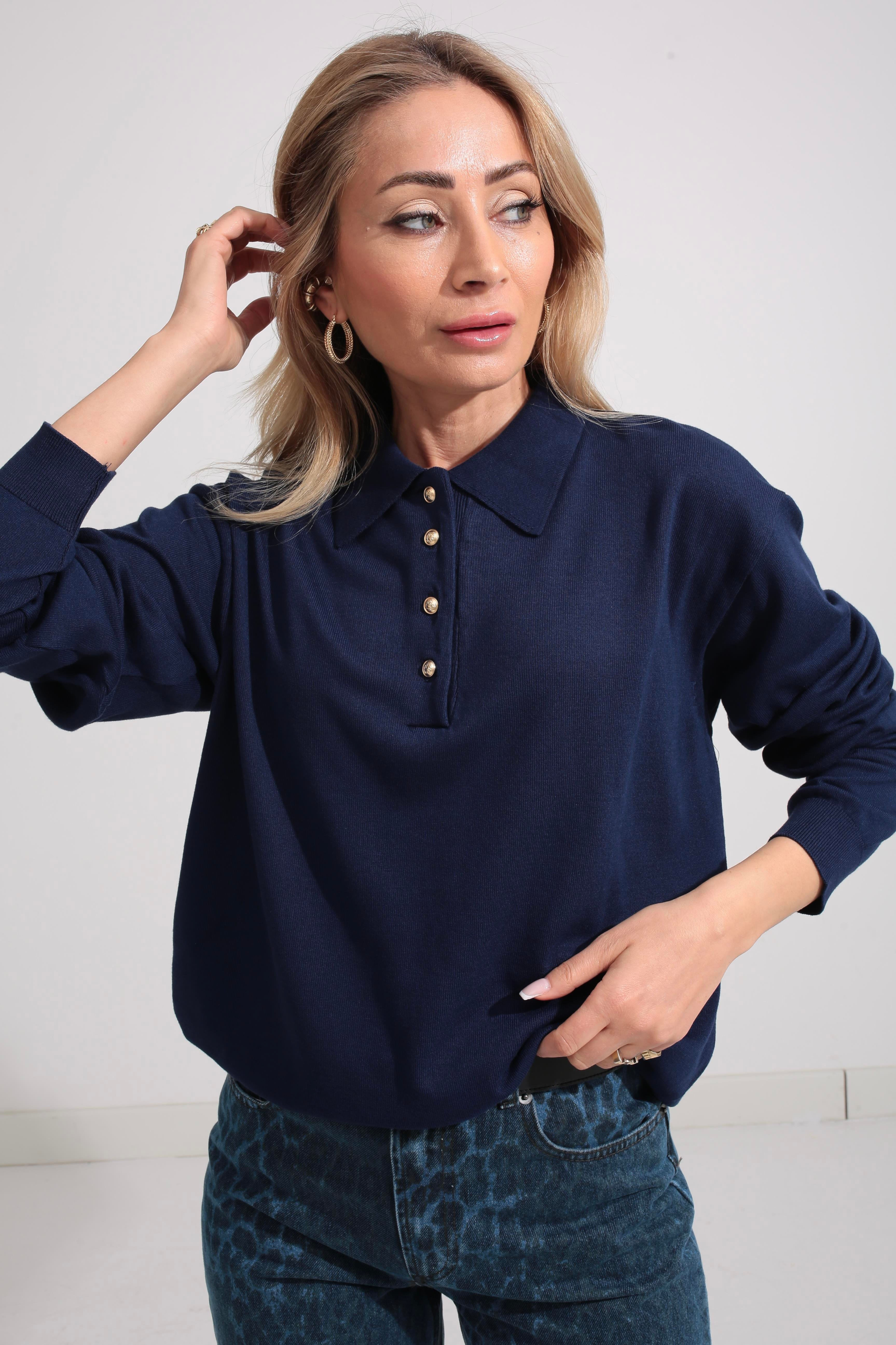 Polo Yaka Gold Düğmeli Oversize Lacivertı Triko Kazak TRİKO VE KAZAK