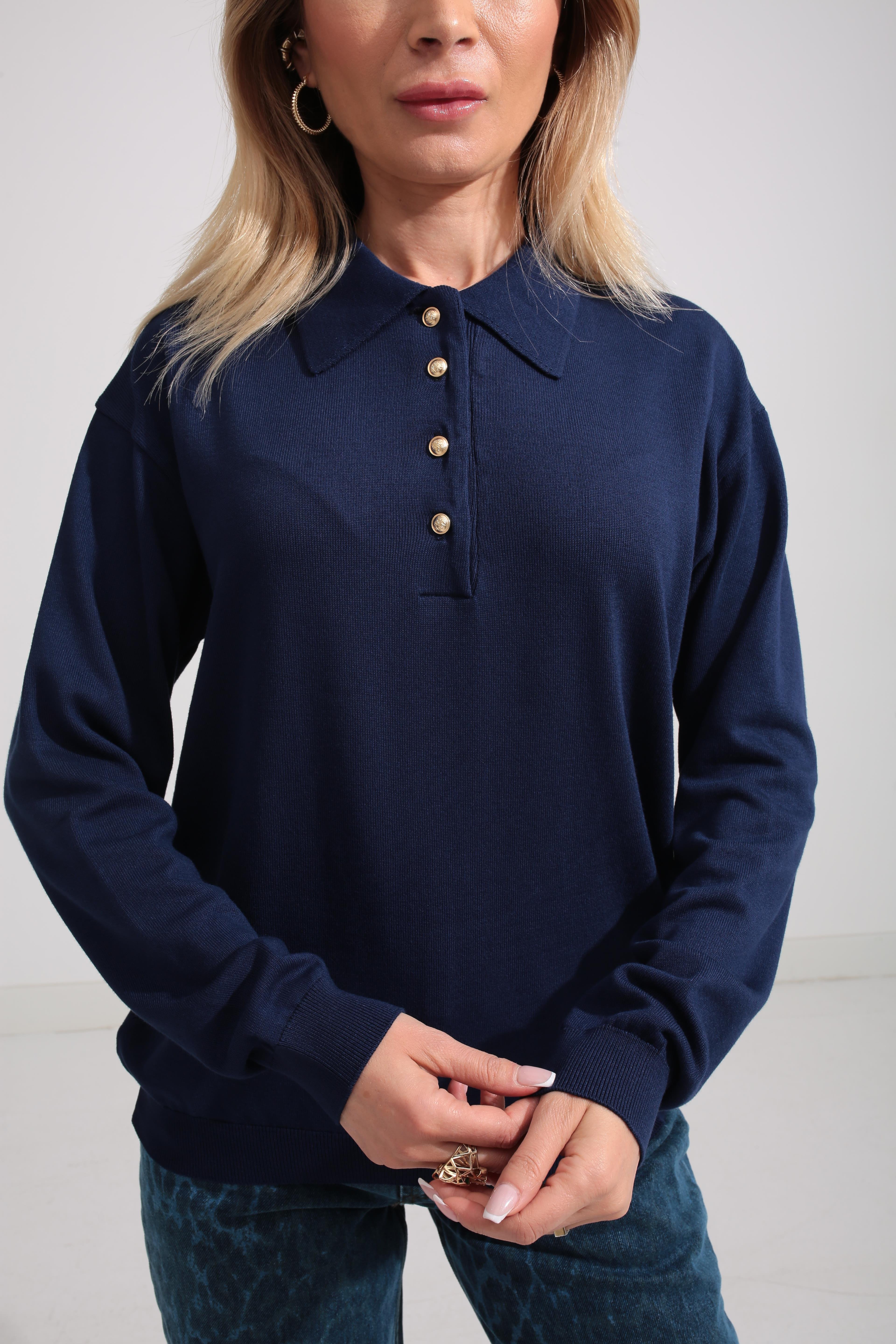 Polo Yaka Gold Düğmeli Oversize Lacivertı Triko Kazak TRİKO VE KAZAK