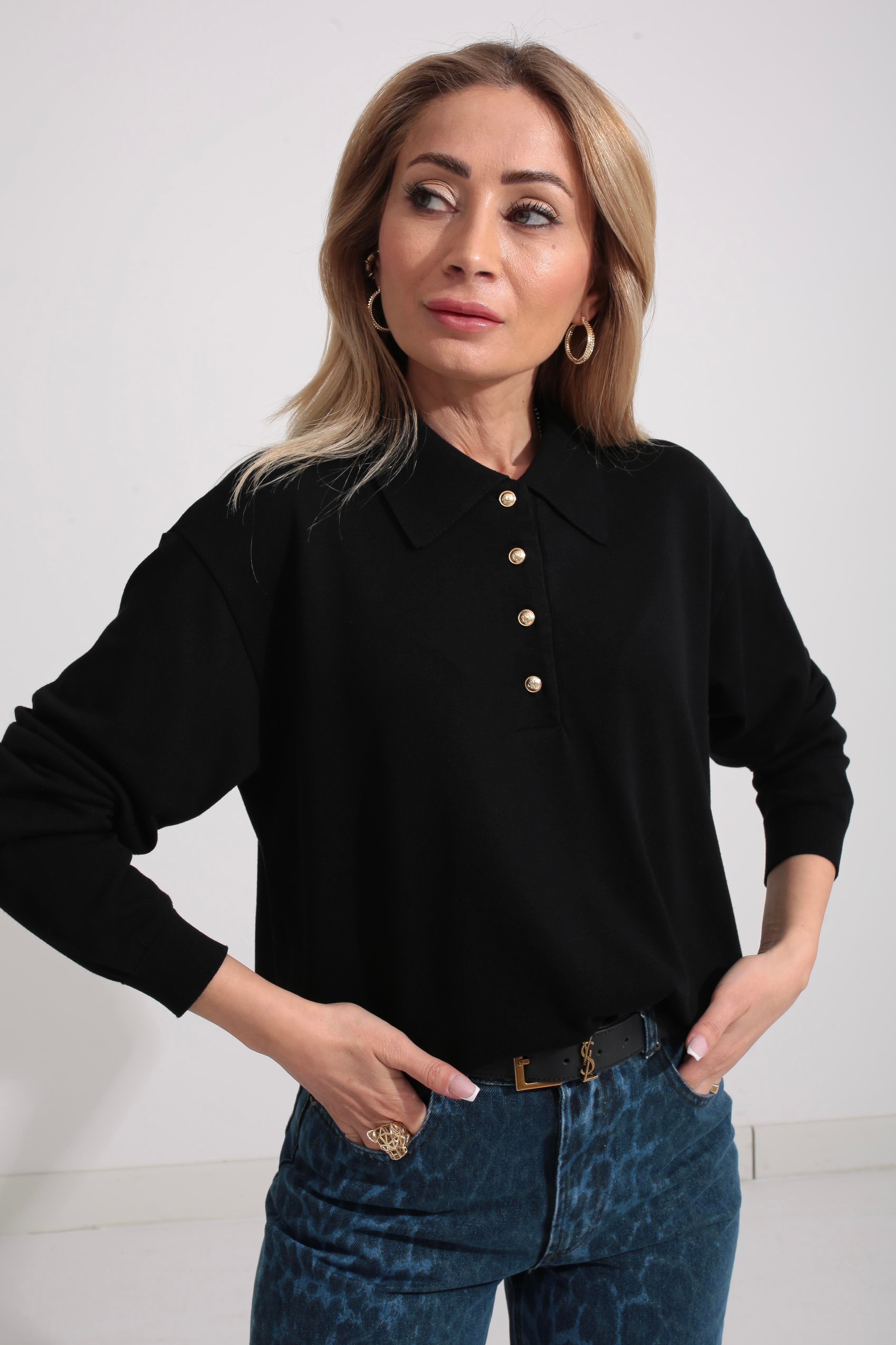 Polo Yaka Gold Düğmeli Oversize Siyah Triko Kazak TRİKO VE KAZAK