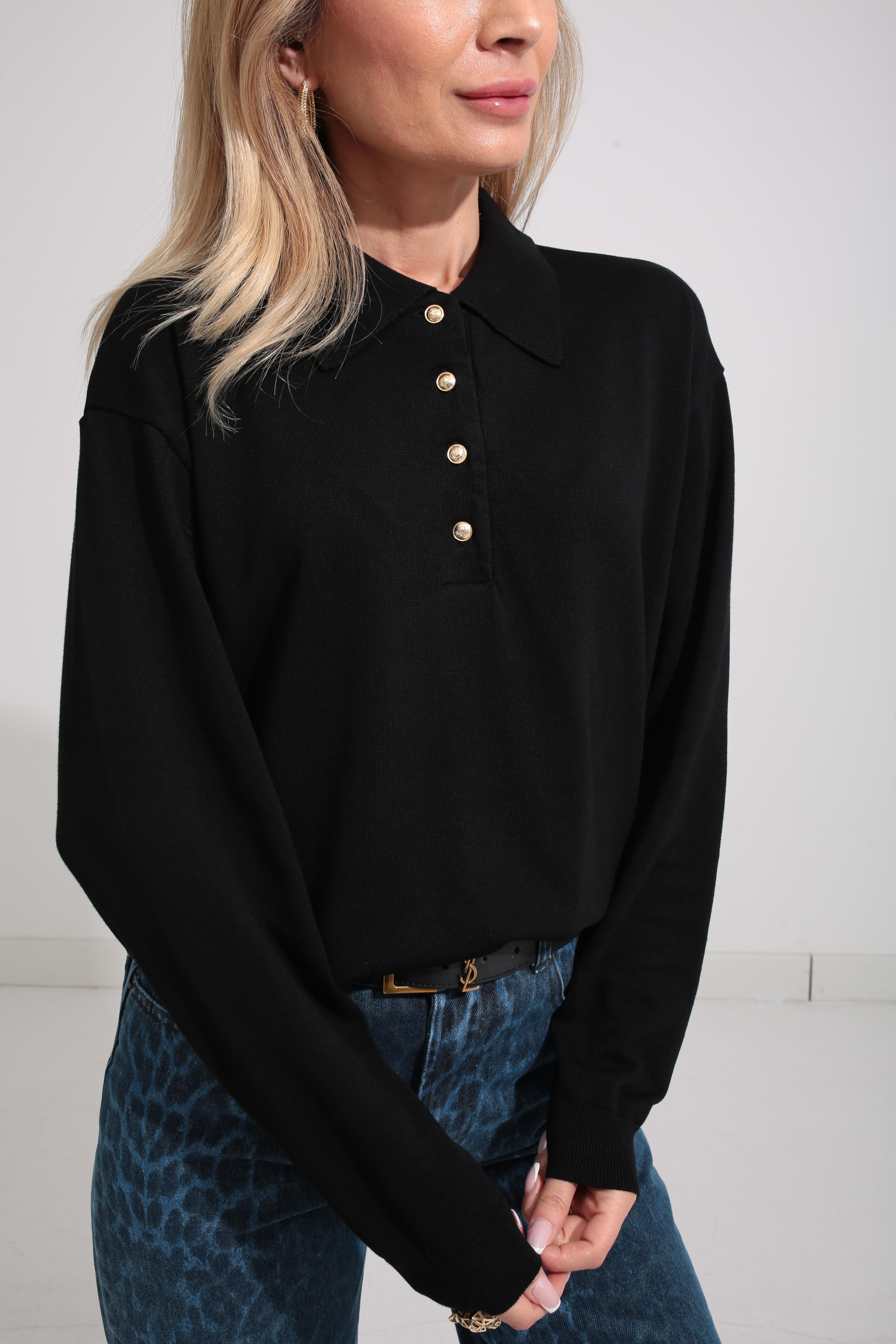 Polo Yaka Gold Düğmeli Oversize Siyah Triko Kazak TRİKO VE KAZAK