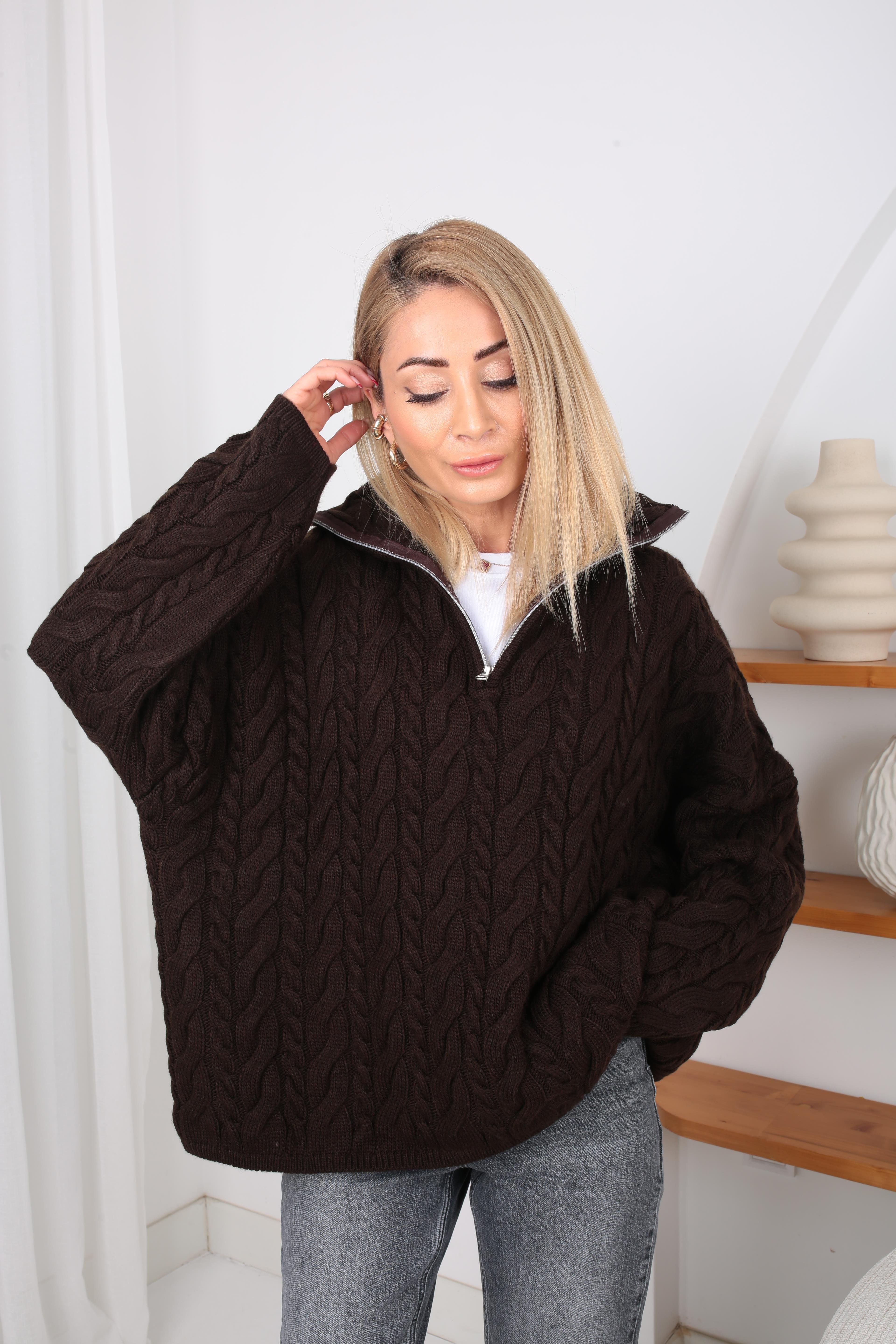 Polo Yaka Saç Örgülü Kahve Kazak TRİKO VE KAZAK