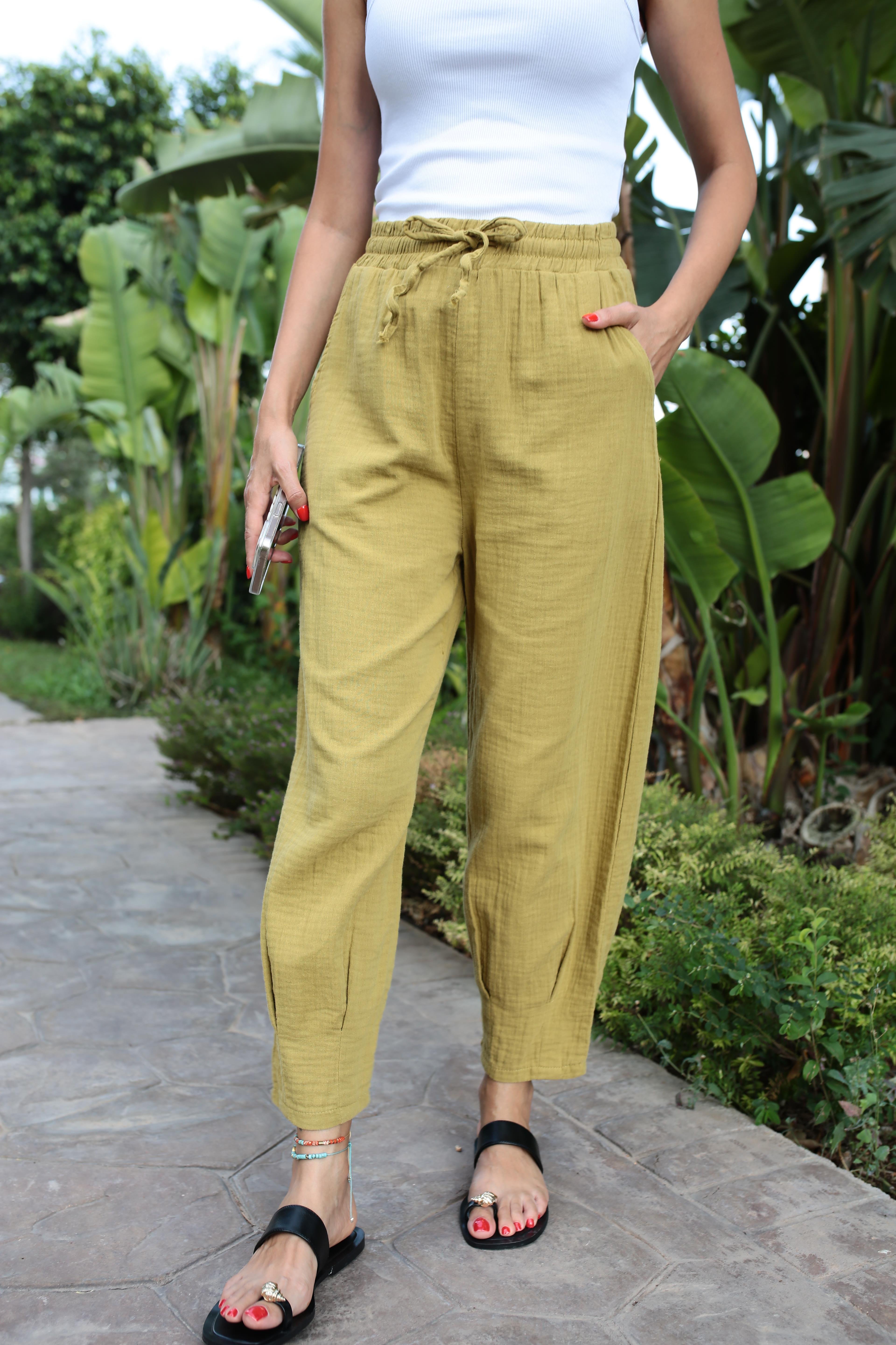 Şalvar Kesim Yağ Yeşili Müslin Pantolon PANTOLON | NO33