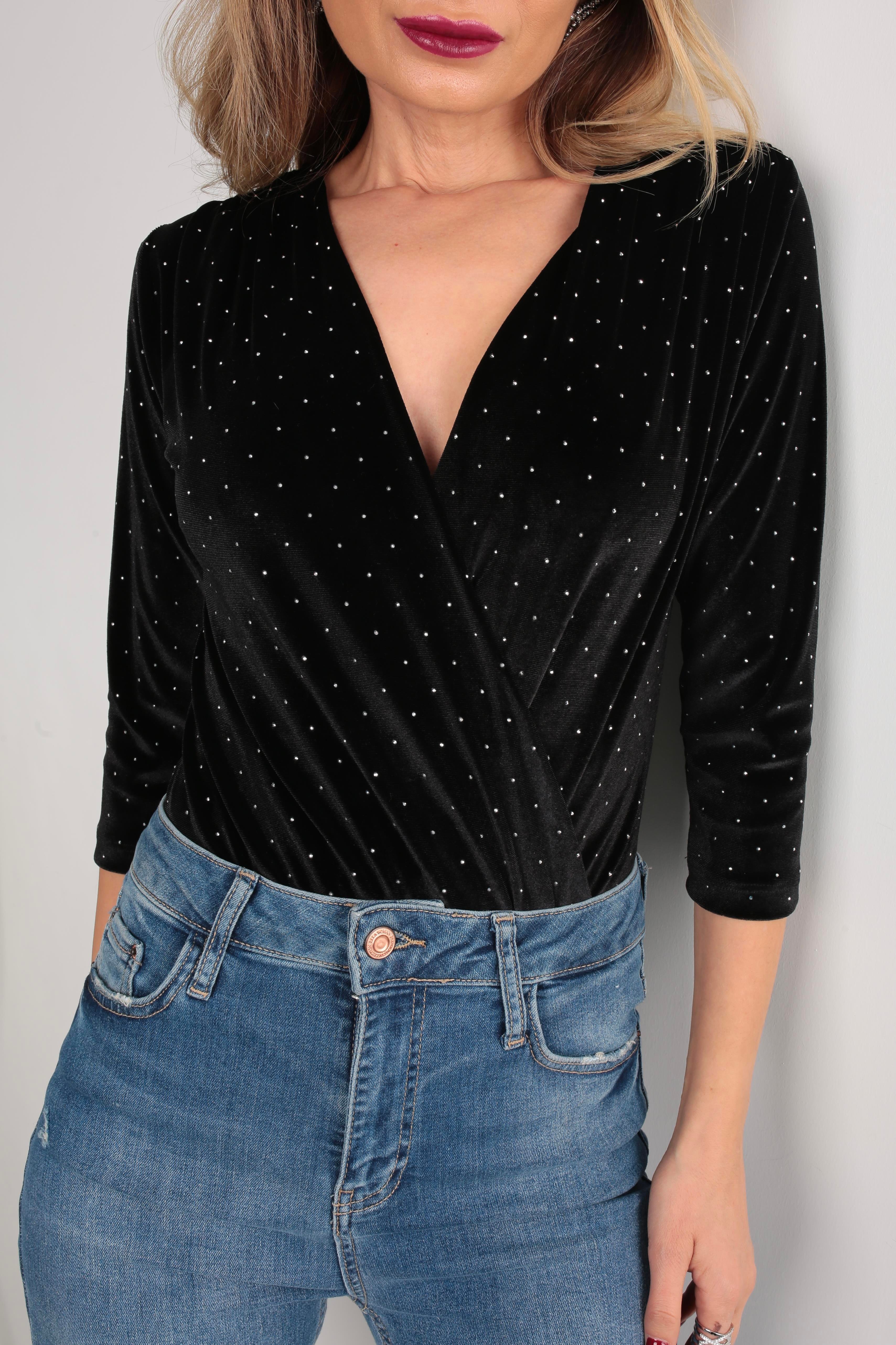 Siah Taş Baskılı Kadife Badysuit BLUZ