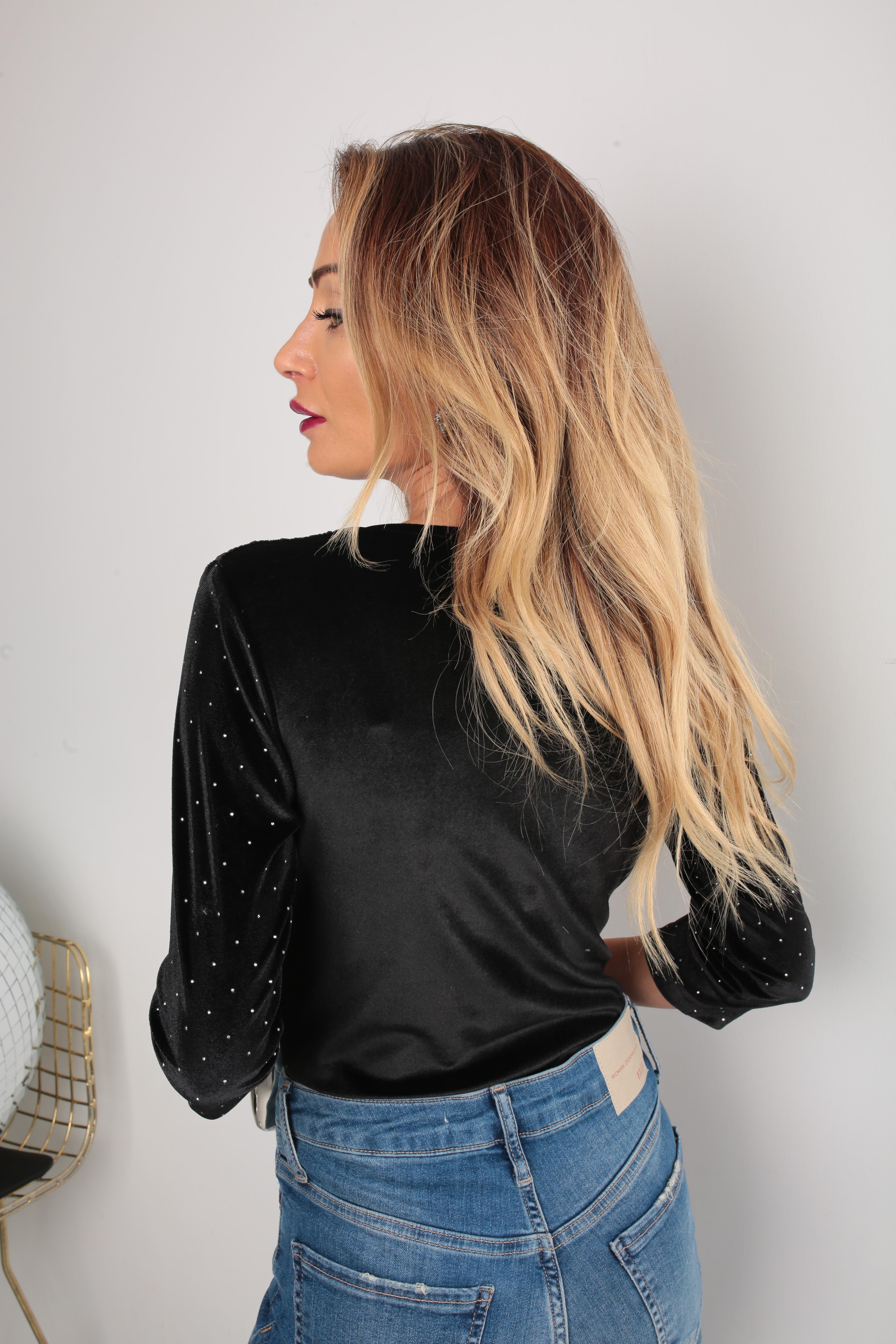 Siah Taş Baskılı Kadife Badysuit BLUZ