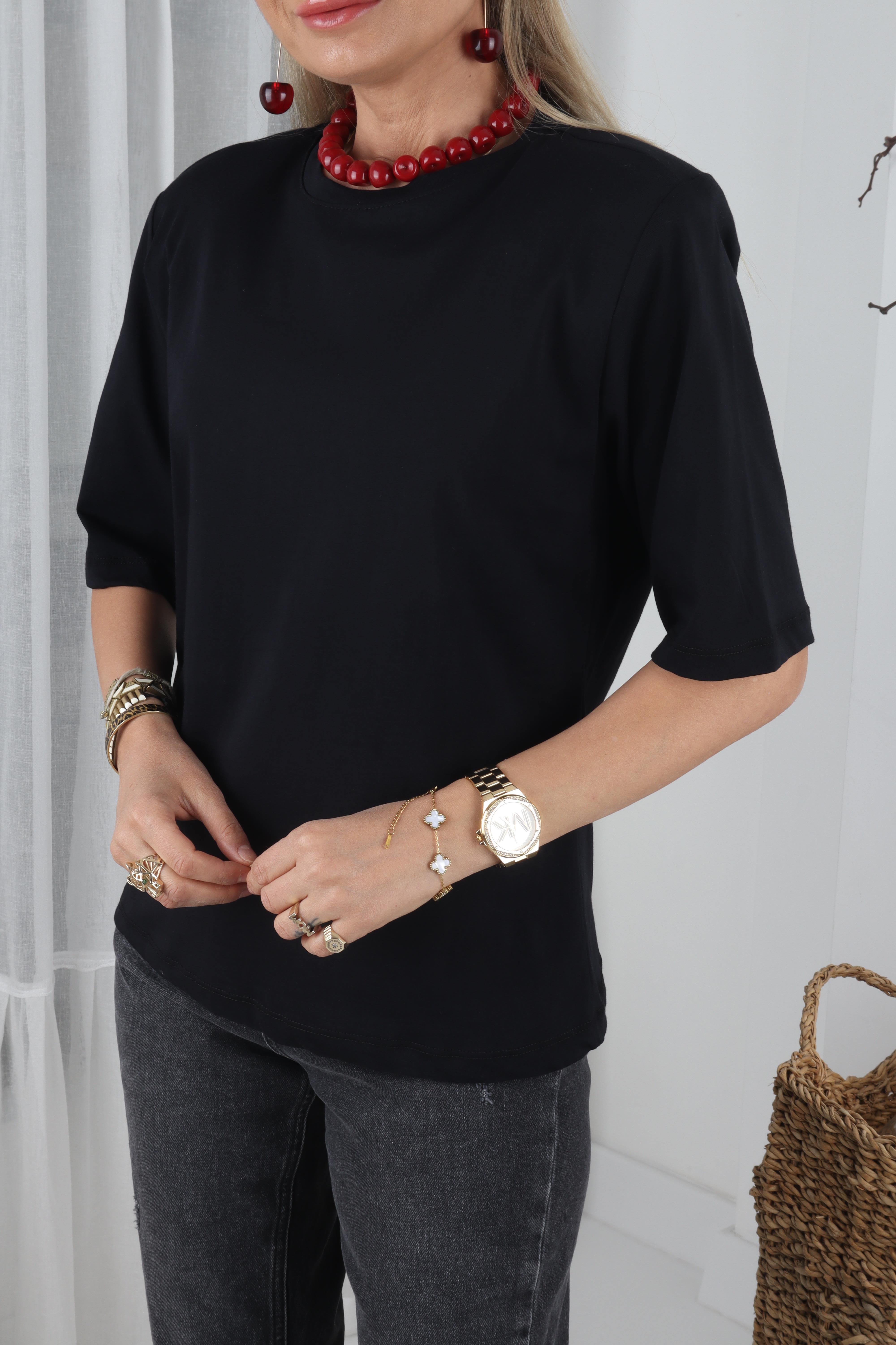 Sıfır Yaka Vatkalı Siyah Basic Tshirt T-SHİRT