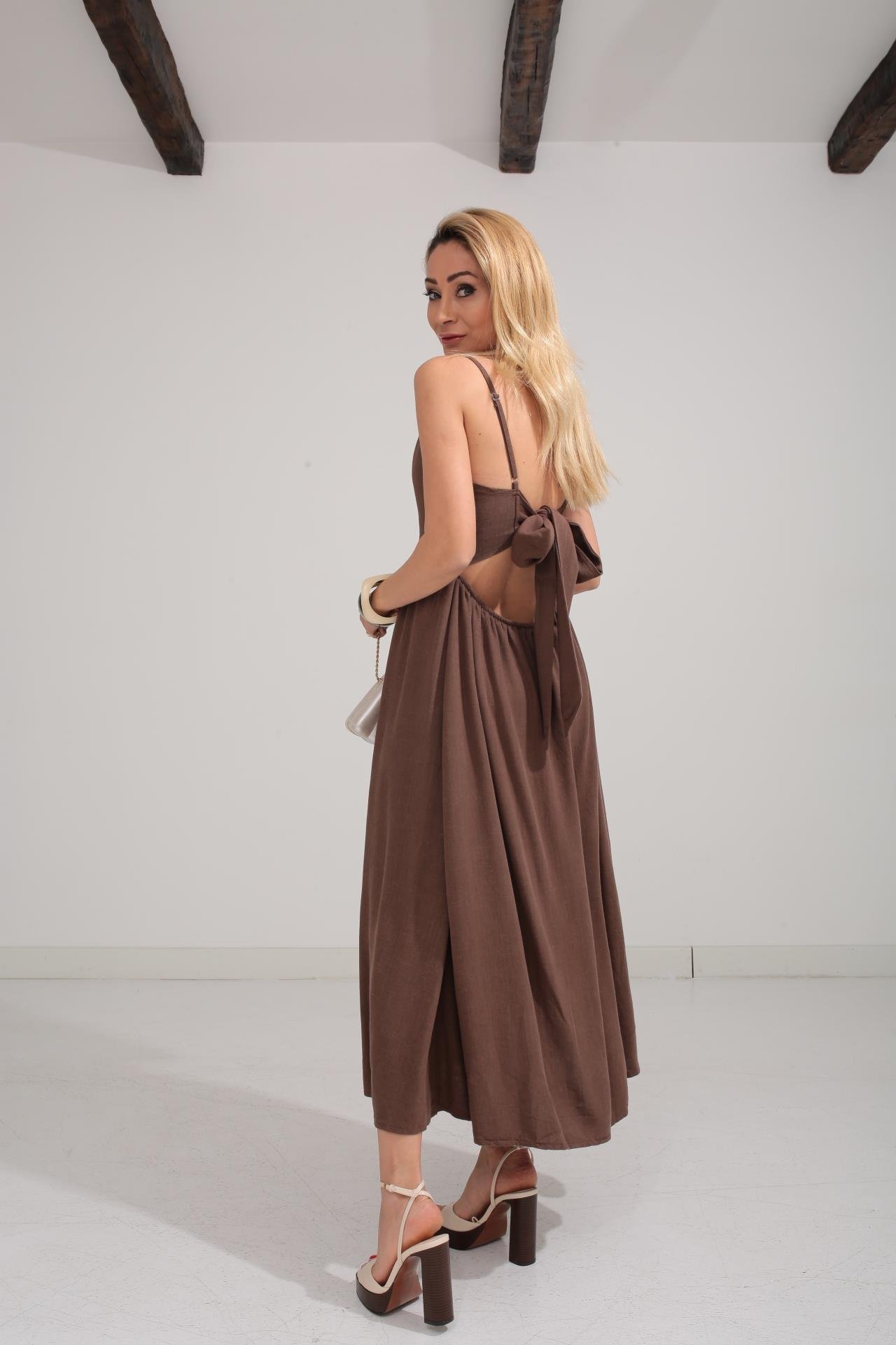 Sırtı Bağlamalı Kahve Astarlı Elbise ELBİSE | NO33