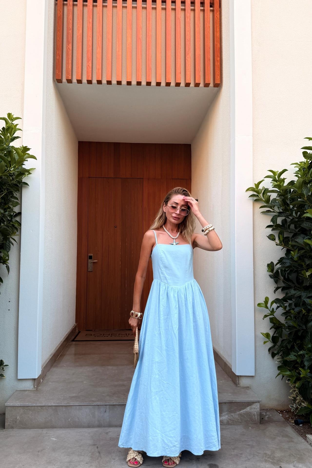 Sırtı Lastikli Mavi Keten Elbise ELBİSE | NO33