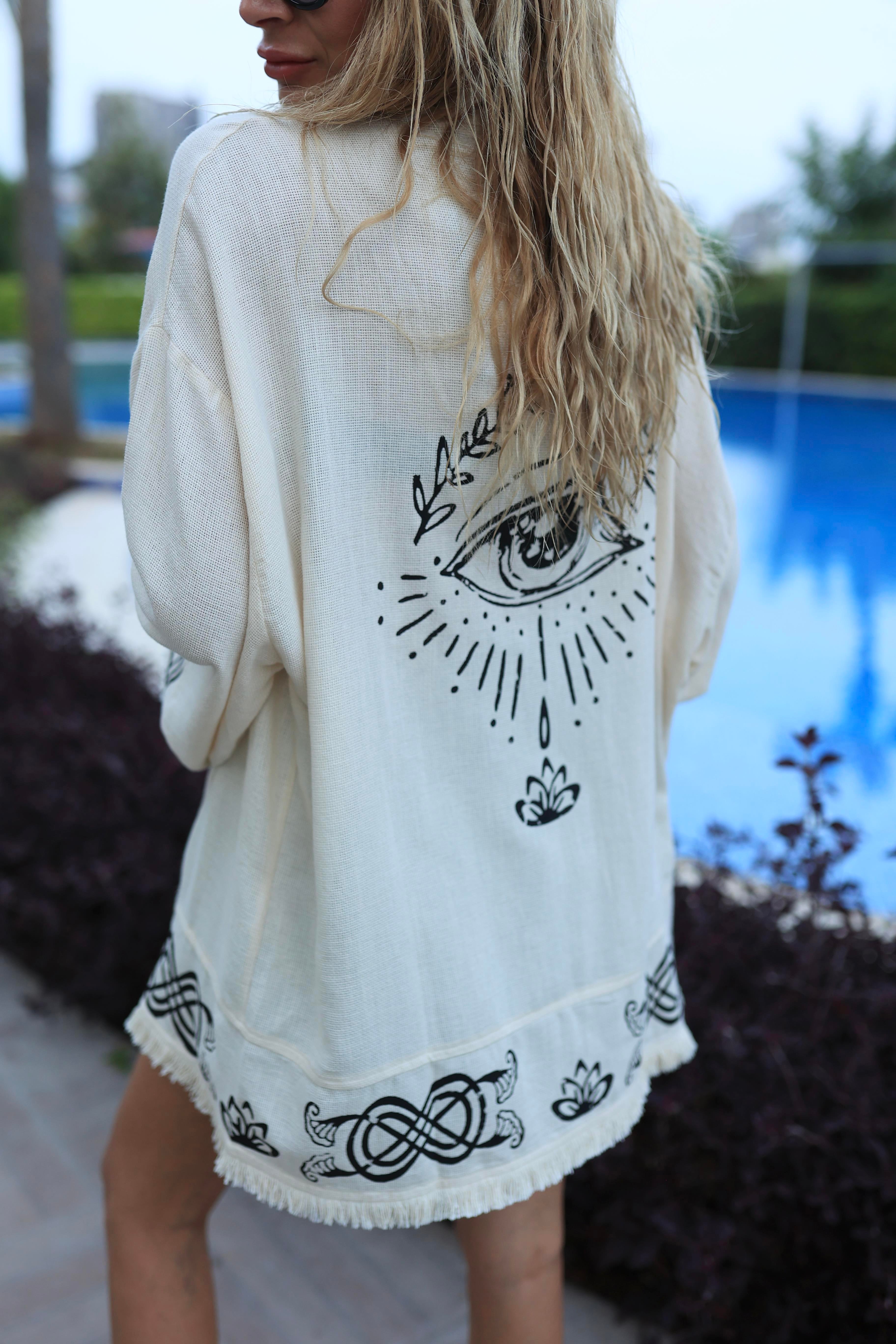 Siyah Baskılı Kısa Keten Kimono KİMONO | NO33