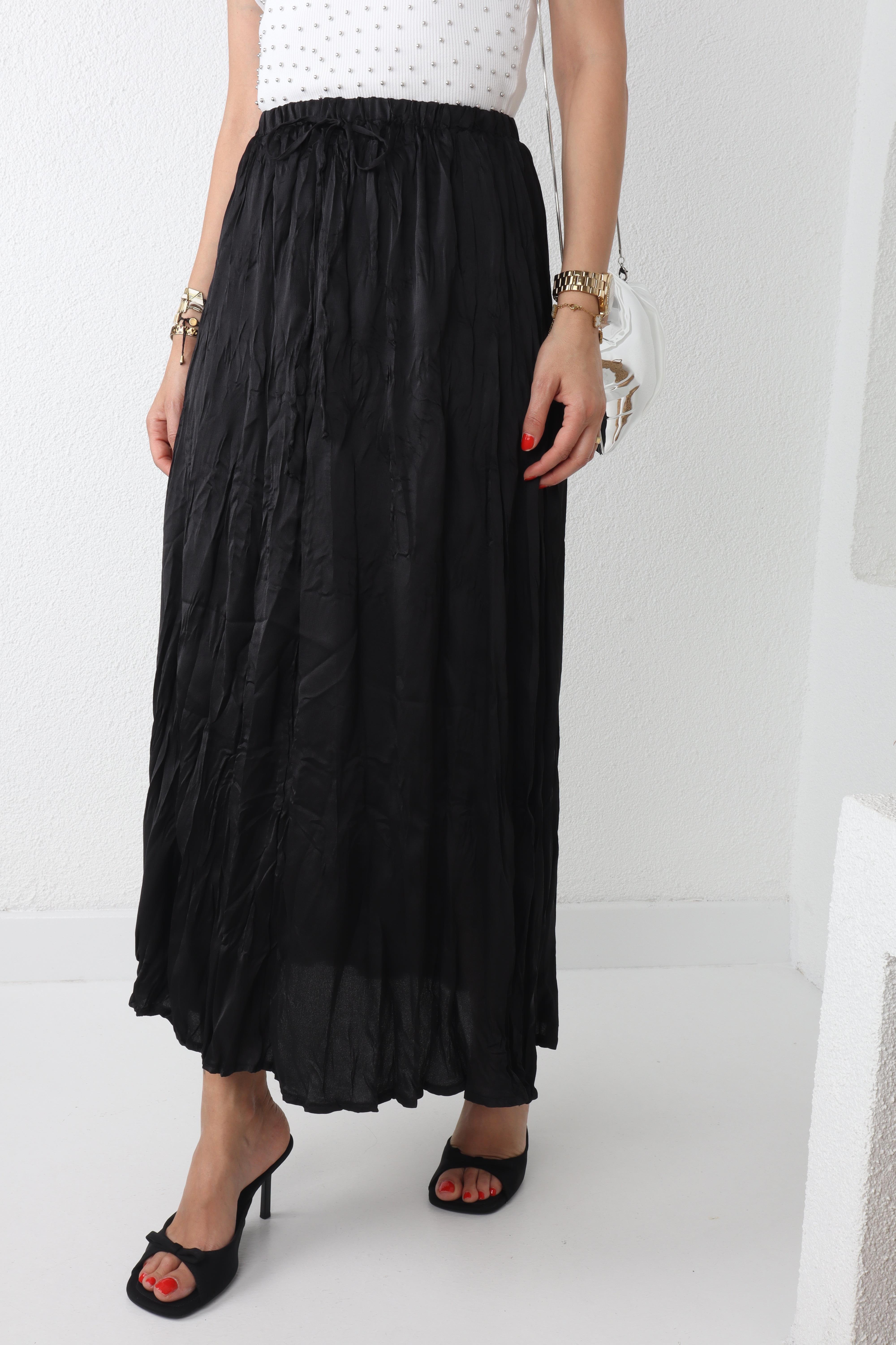 Siyah Beli Lastikli Geniş Saten Etek ETEK