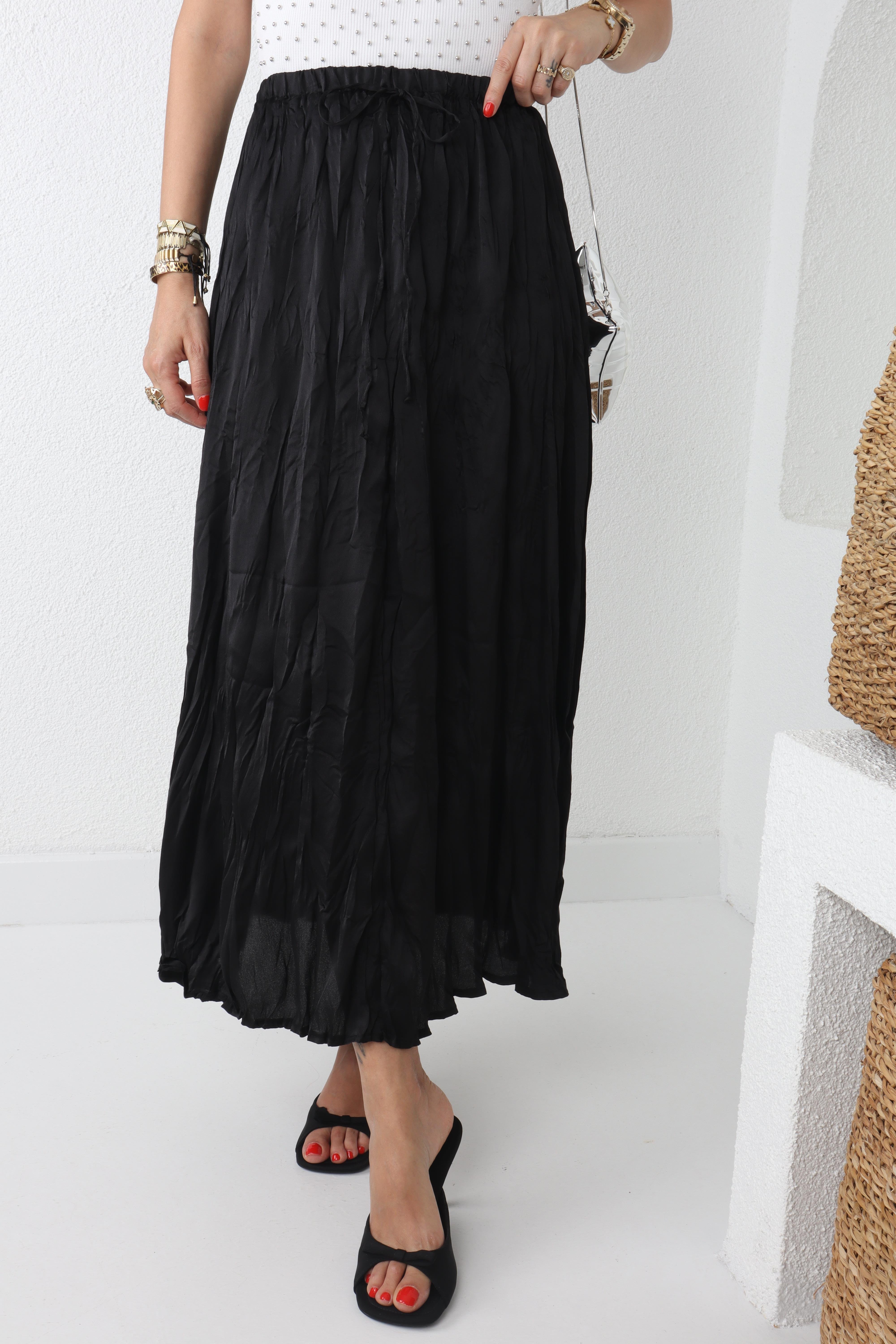 Siyah Beli Lastikli Geniş Saten Etek ETEK