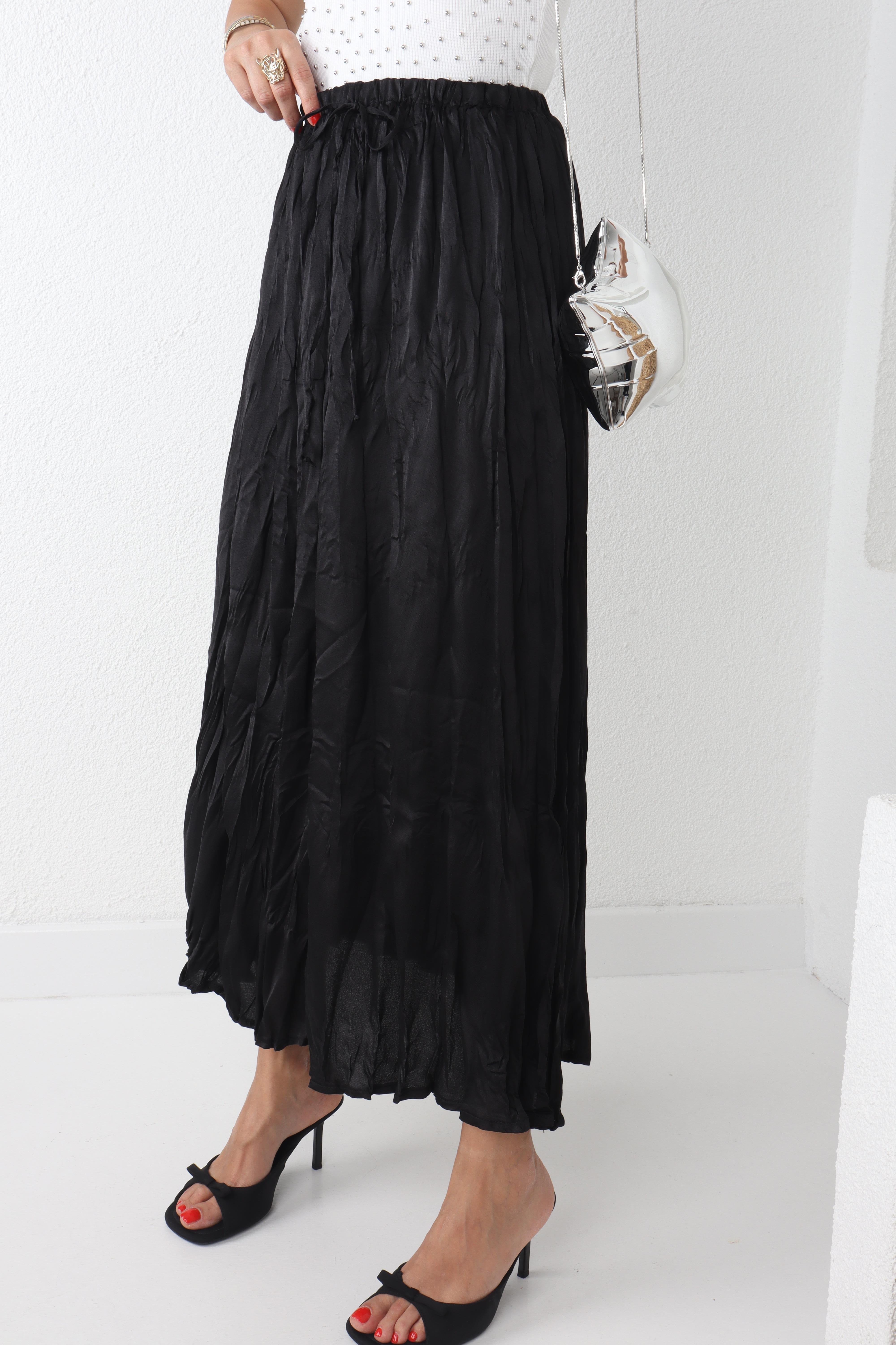 Siyah Beli Lastikli Geniş Saten Etek ETEK