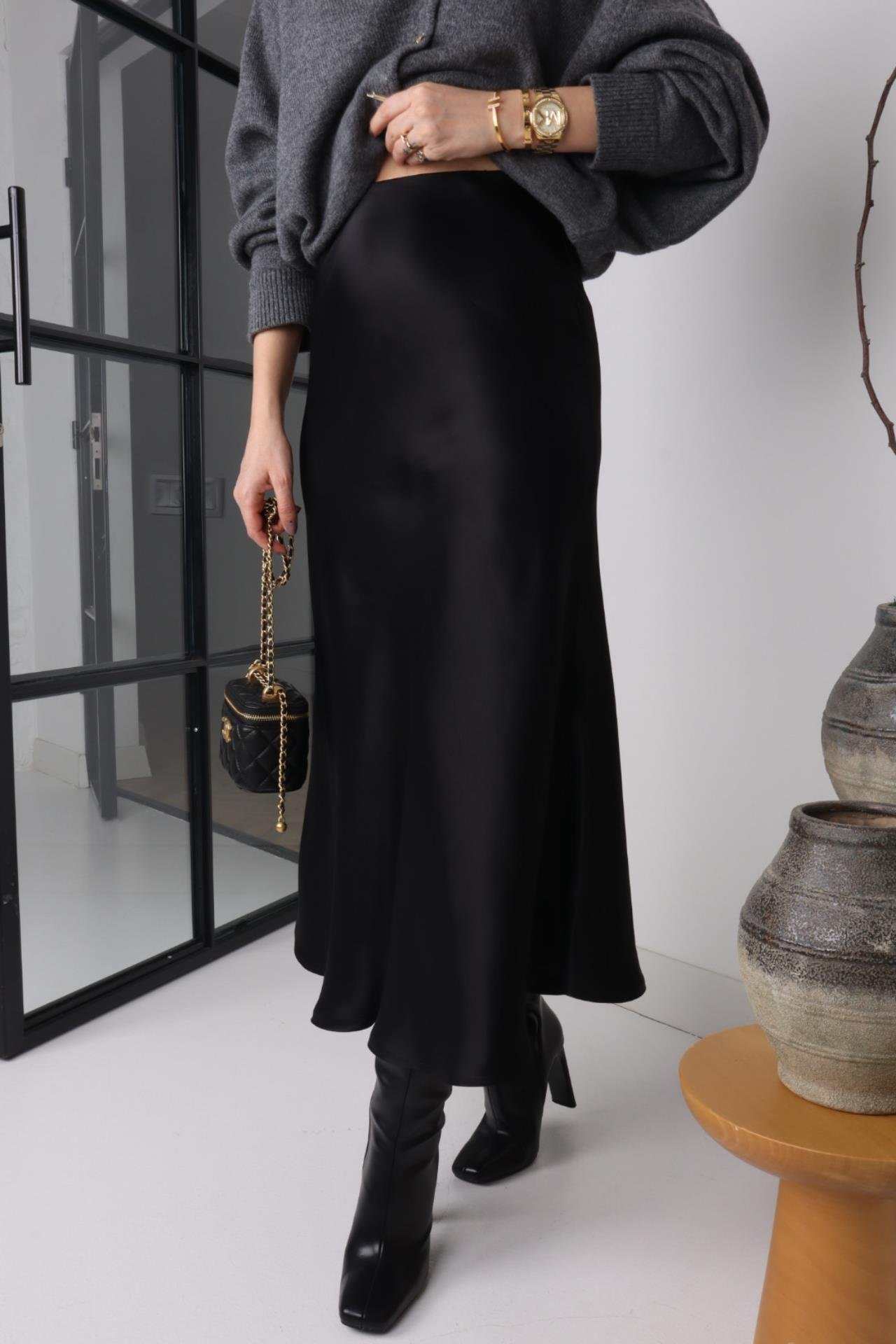 Siyah Beli Lastikli Saten Etek ETEK