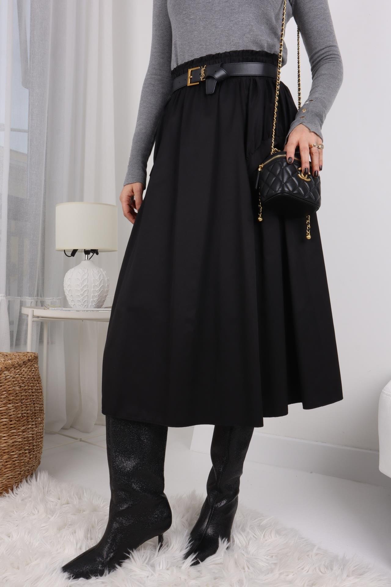 Siyah Beli Lastikli Tasarım Paraşüt Etek ETEK