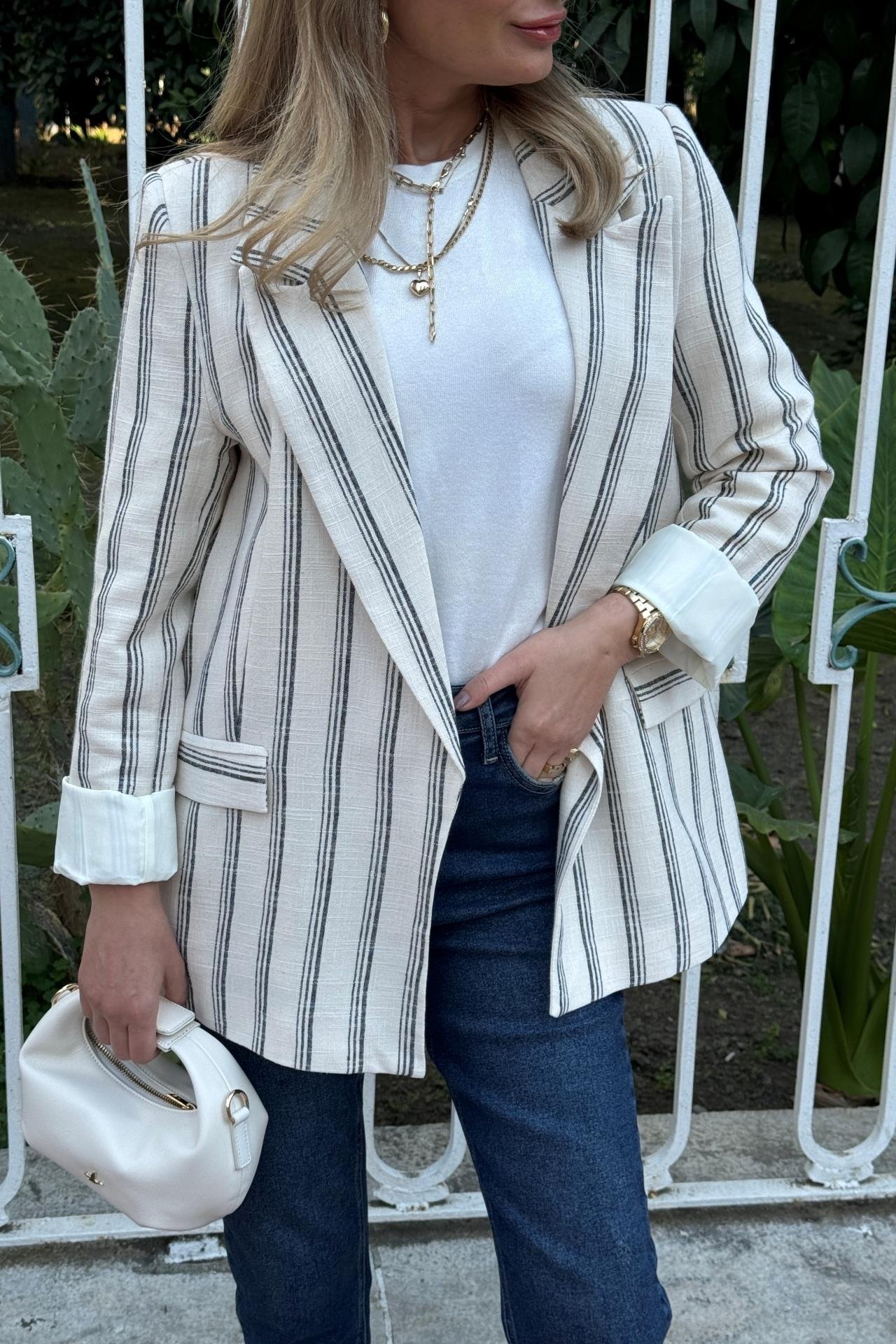 Siyah Çizgili Naturel Keten Ceket CEKET