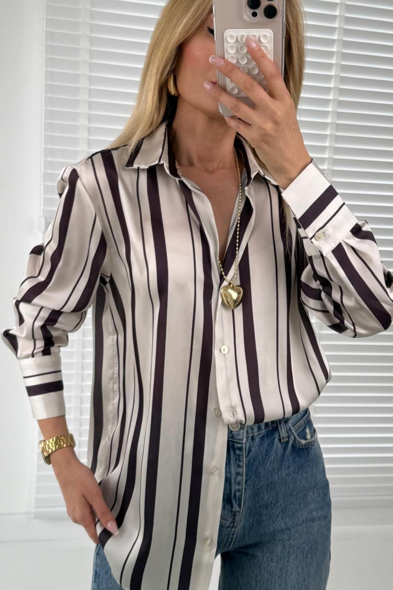 Siyah Çizgili Saten Gömlek GÖMLEK