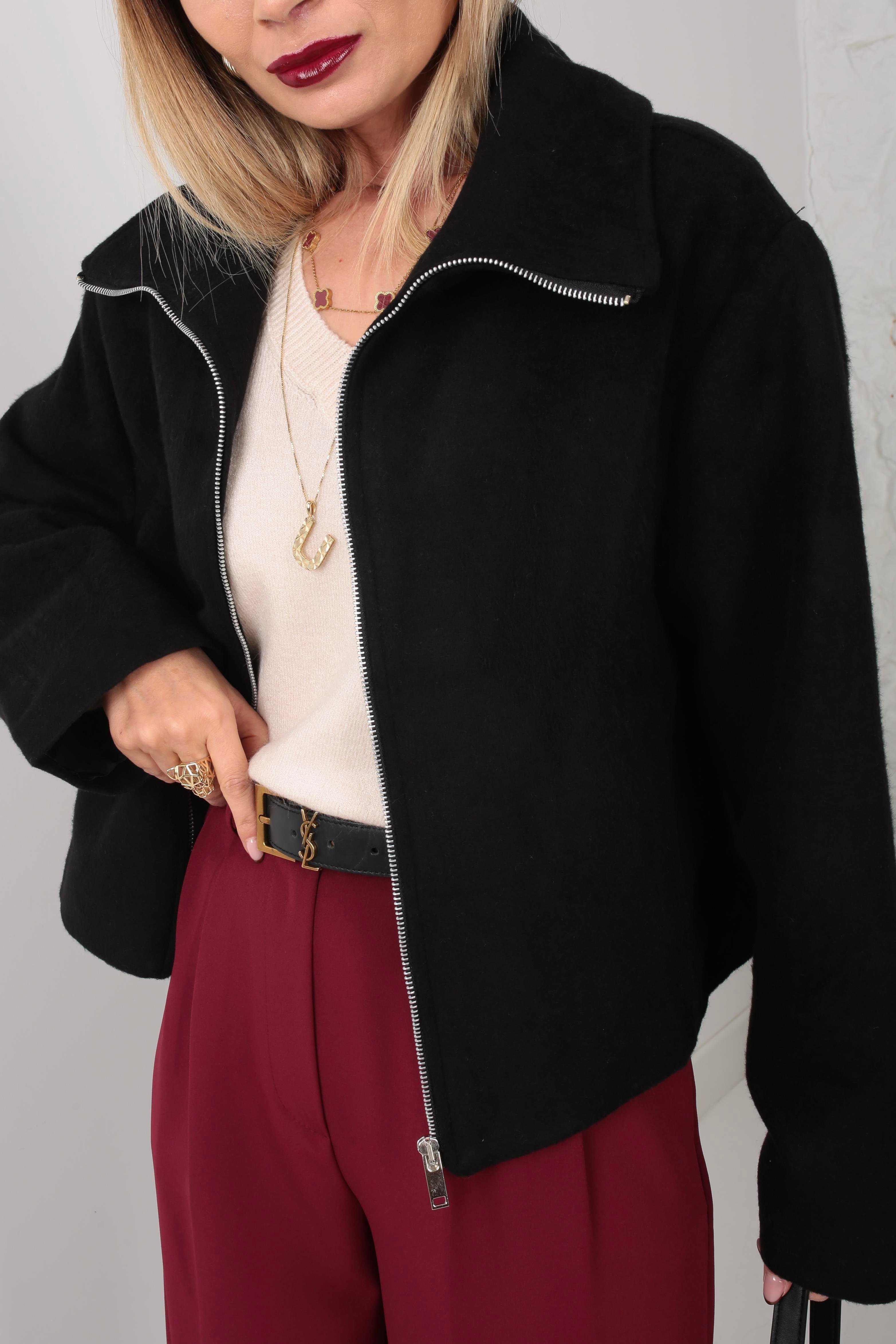 Siyah Dik Yaka Fermuarlı Kısa Kaşe Ceket CEKET