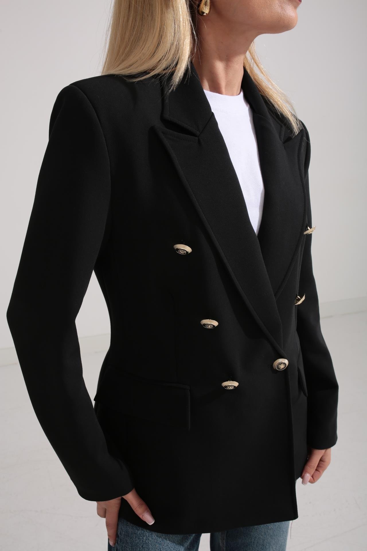 Siyah Gold Düğme Kruvaze Blazer Ceket CEKET