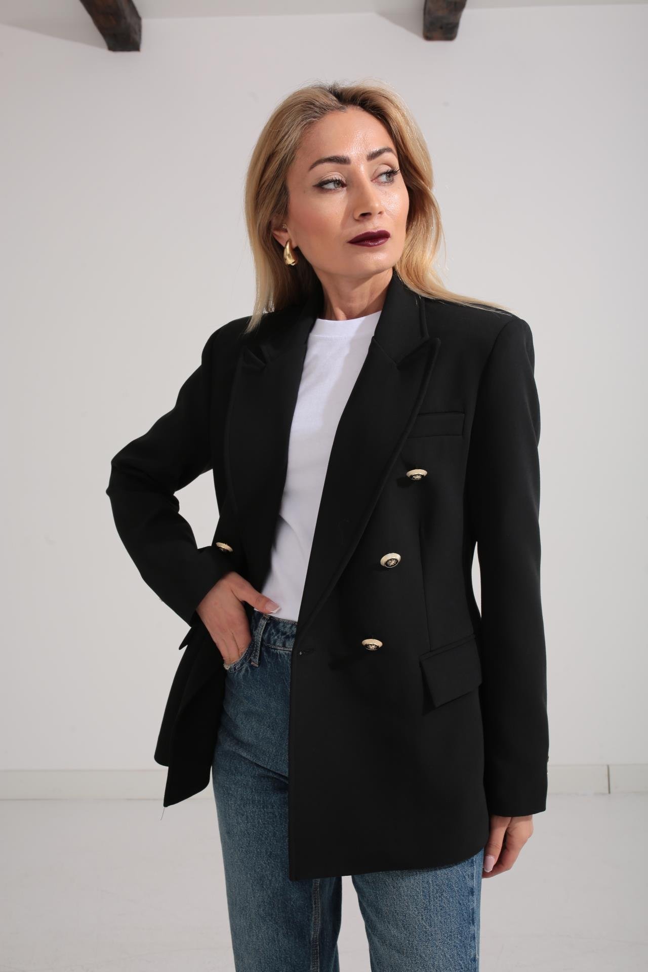 Siyah Gold Düğme Kruvaze Blazer Ceket CEKET