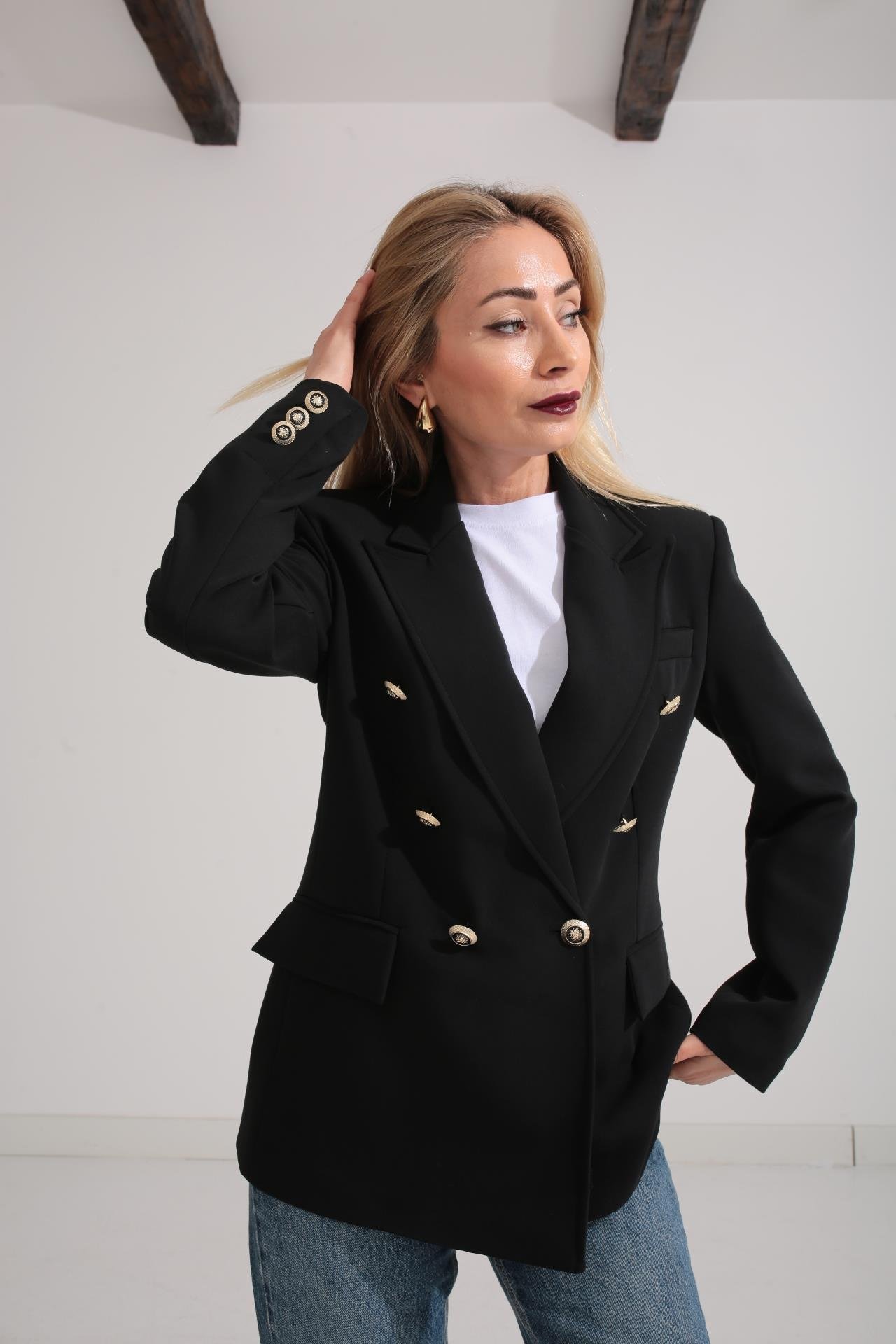 Siyah Gold Düğme Kruvaze Blazer Ceket CEKET