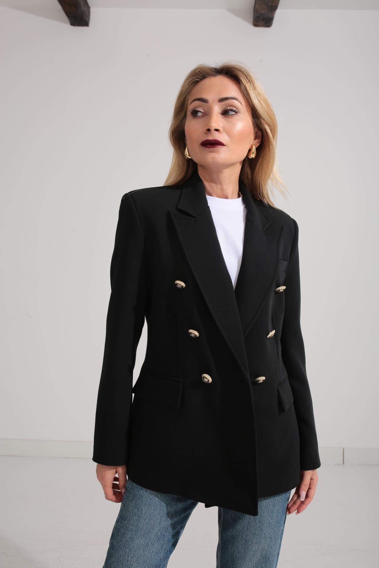 Siyah Gold Düğme Kruvaze Blazer Ceket CEKET