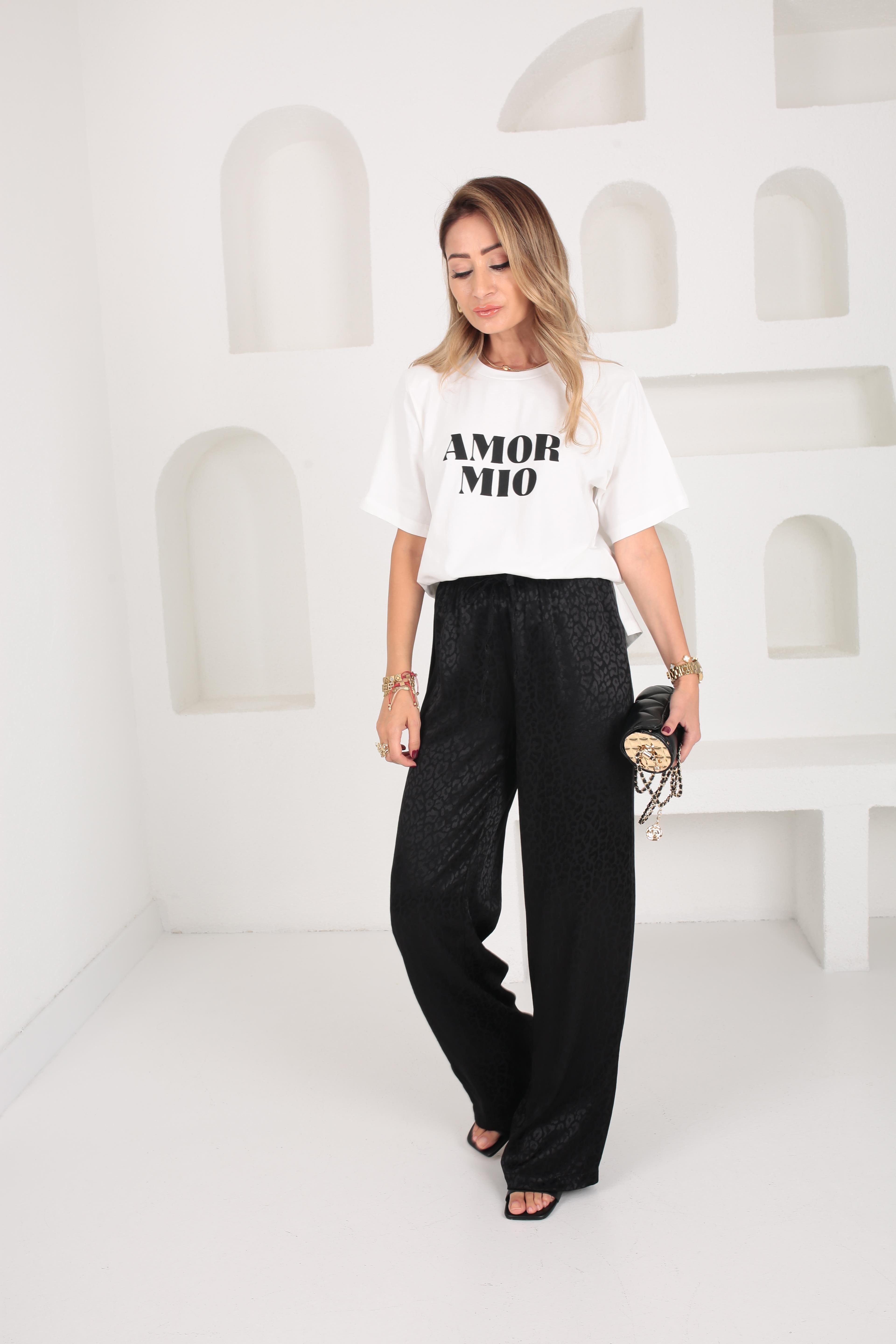 Siyah Jakarlı Bol Paça Saten Pantolon PANTOLON