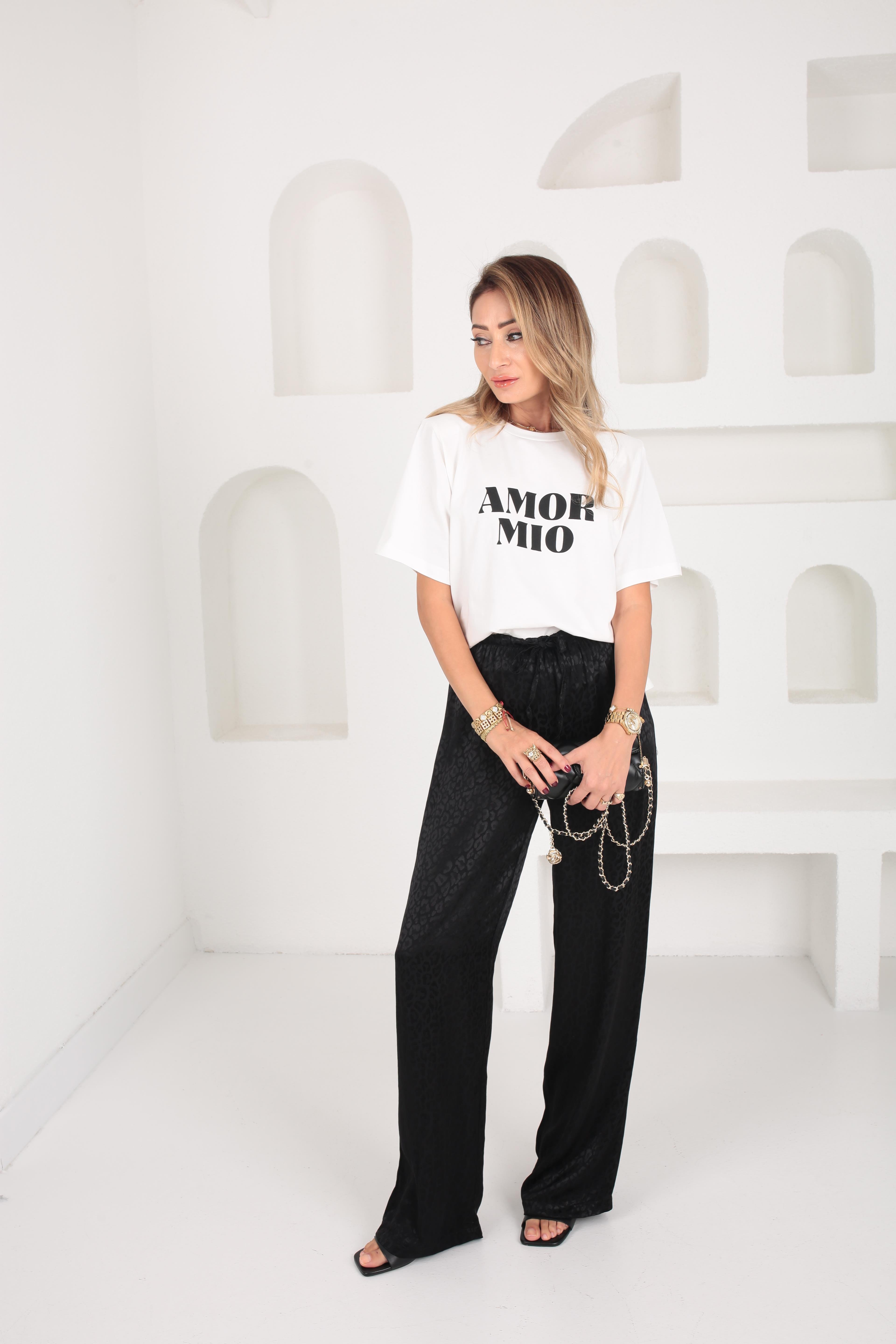 Siyah Jakarlı Bol Paça Saten Pantolon PANTOLON