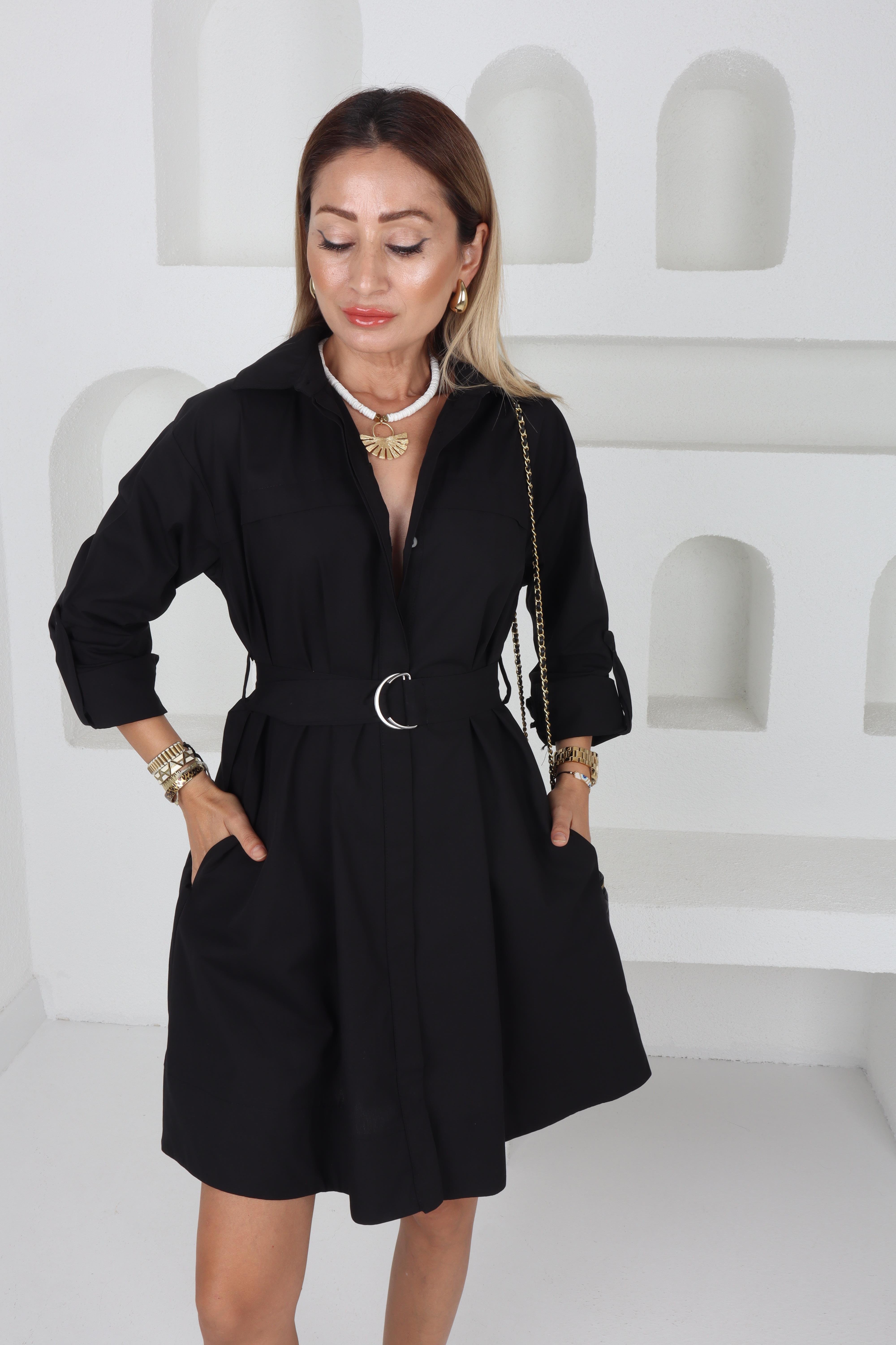 Siyah Kemerli Oversize Gömlek Elbise ELBİSE