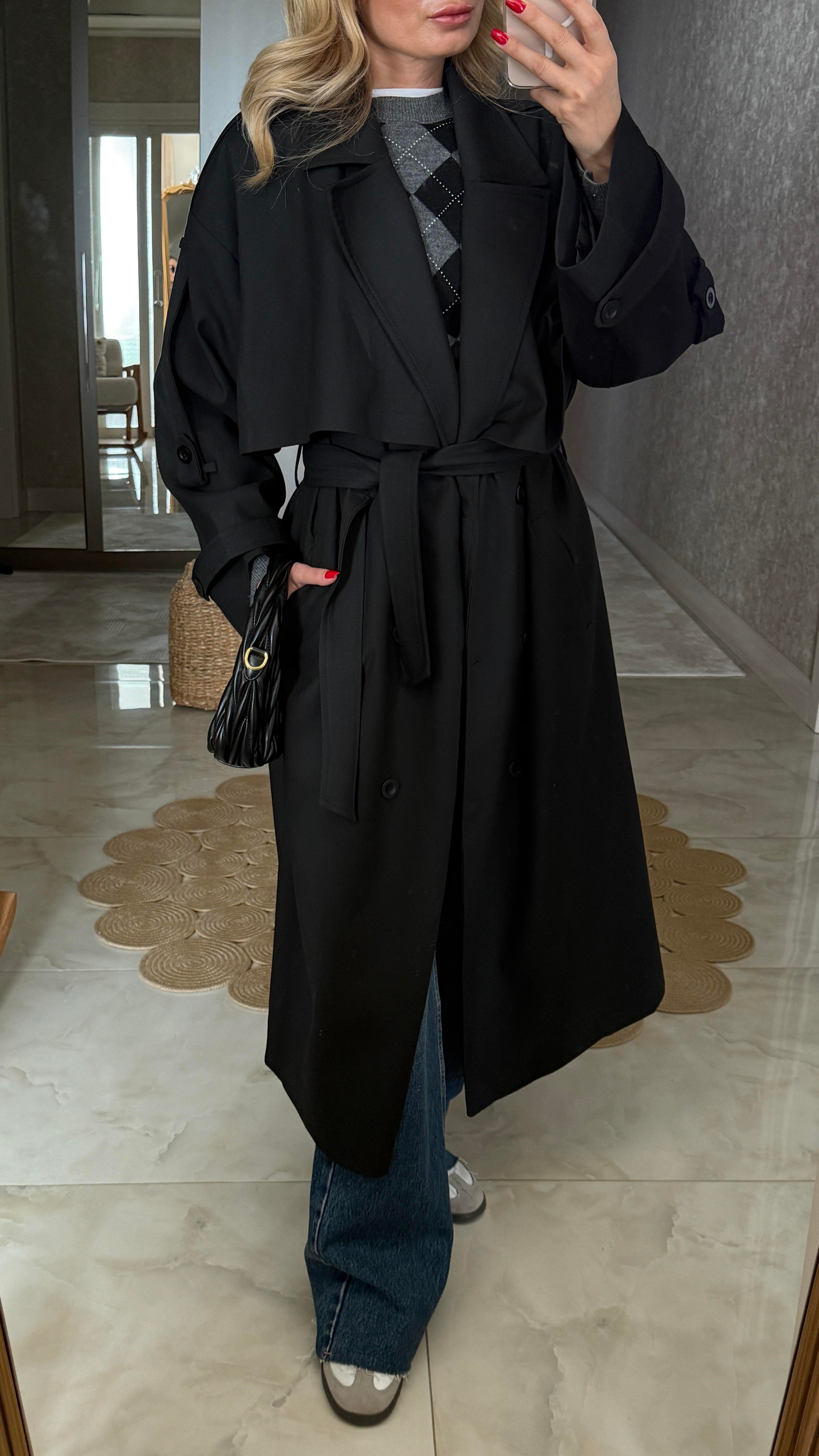 Siyah Kemerli Oversize Trençkot TRENÇKOT