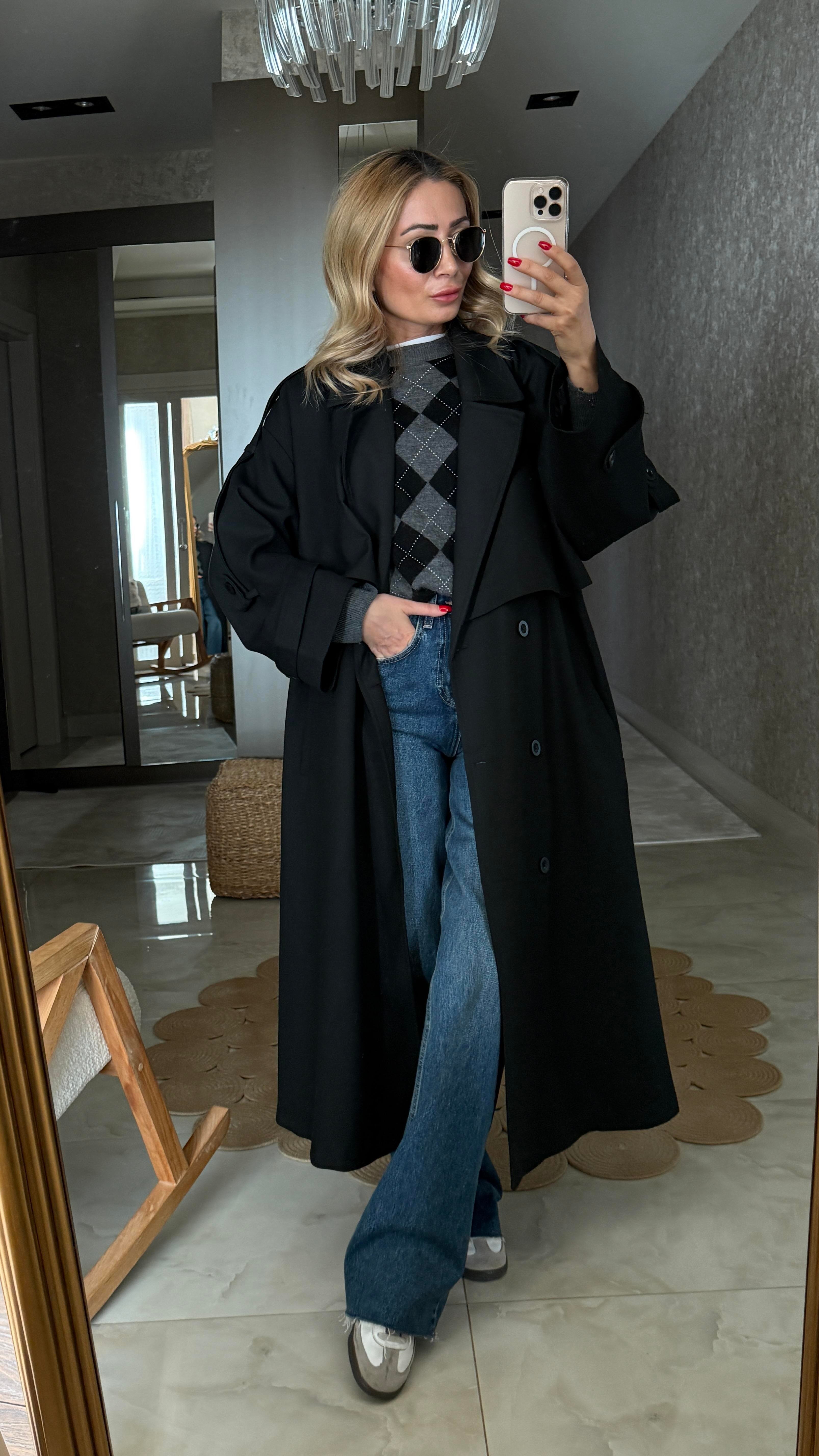 Siyah Kemerli Oversize Trençkot TRENÇKOT