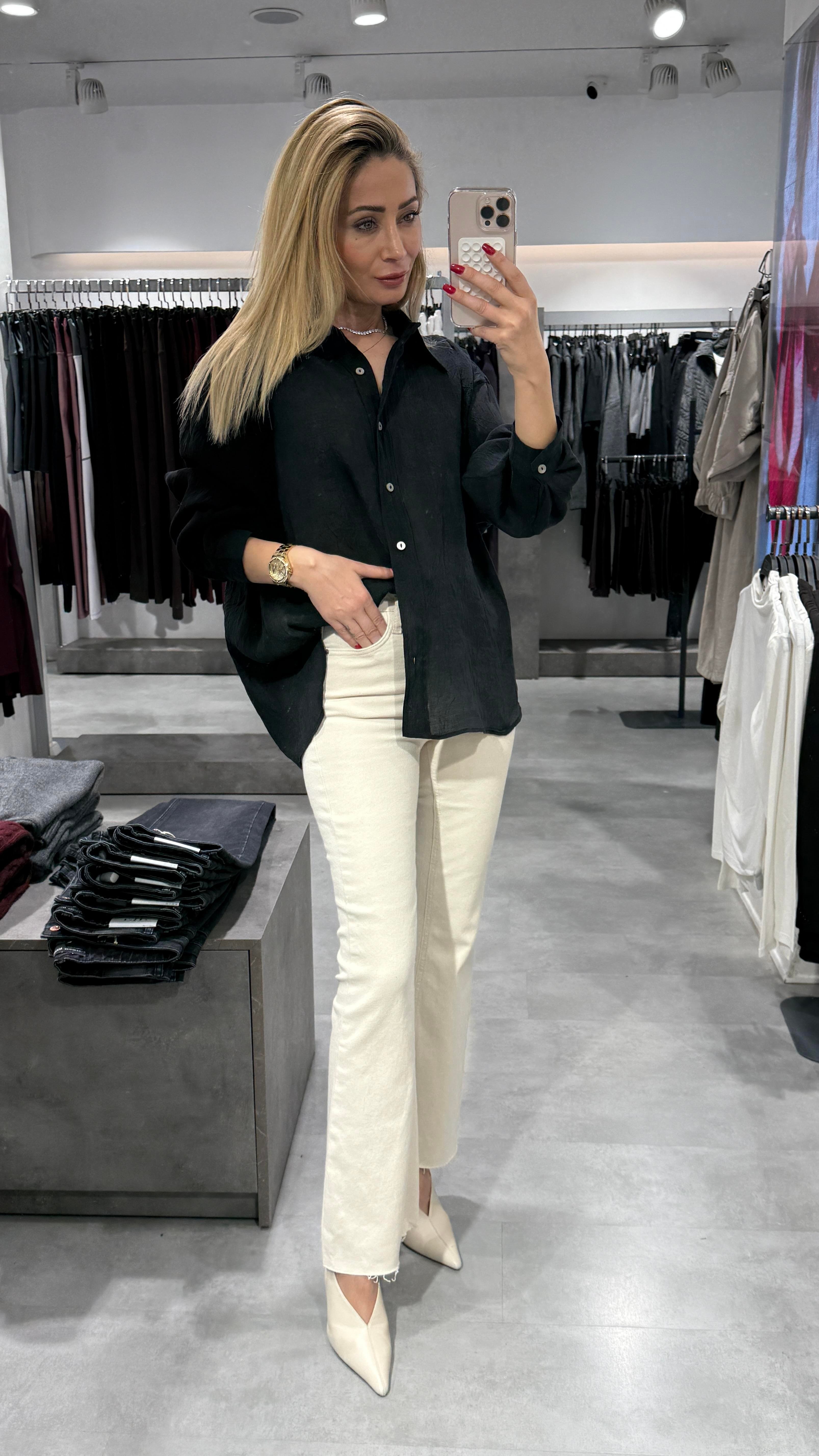 Siyah Kırışık Oversize Gömlek GÖMLEK