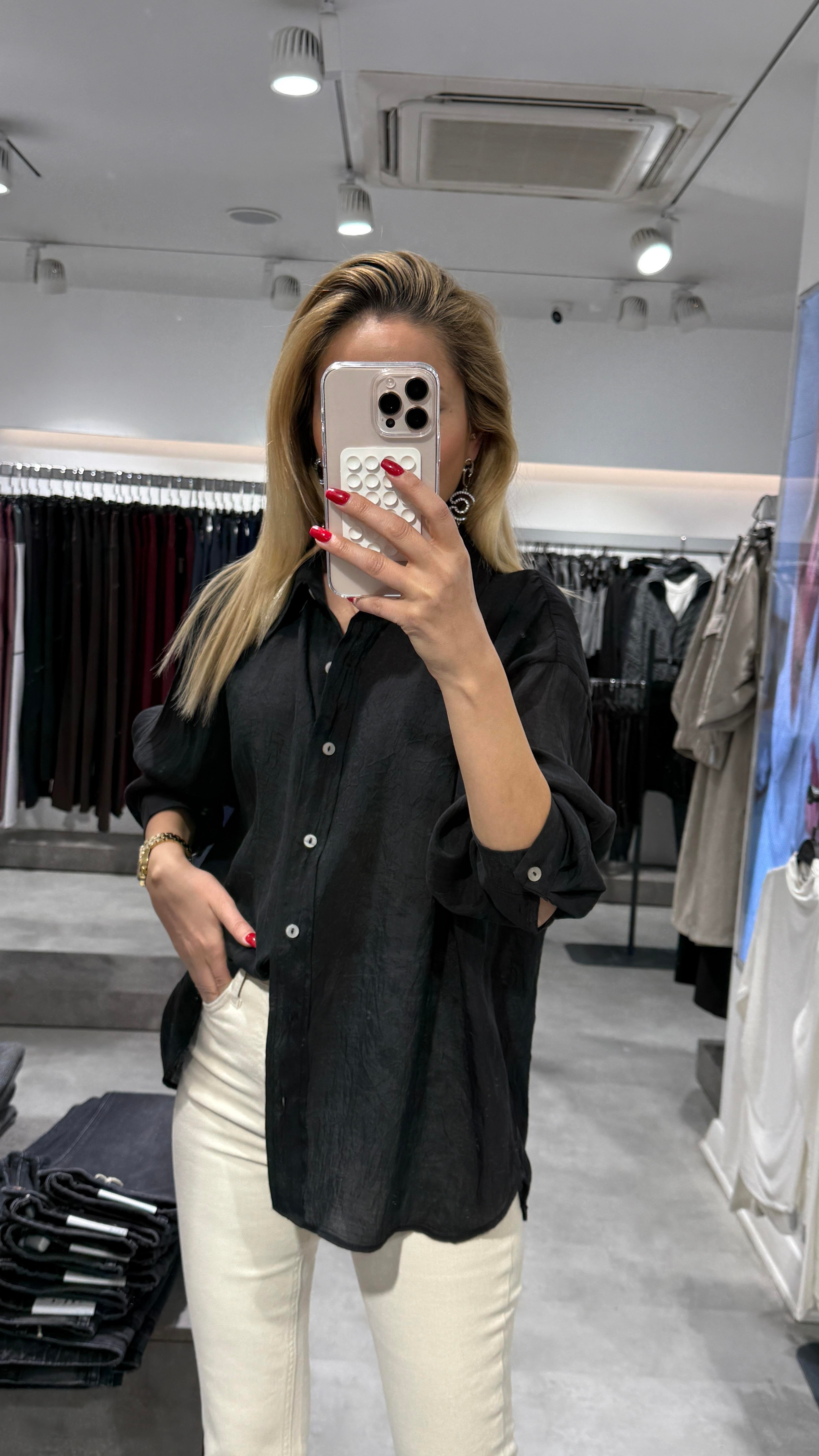 Siyah Kırışık Oversize Gömlek GÖMLEK