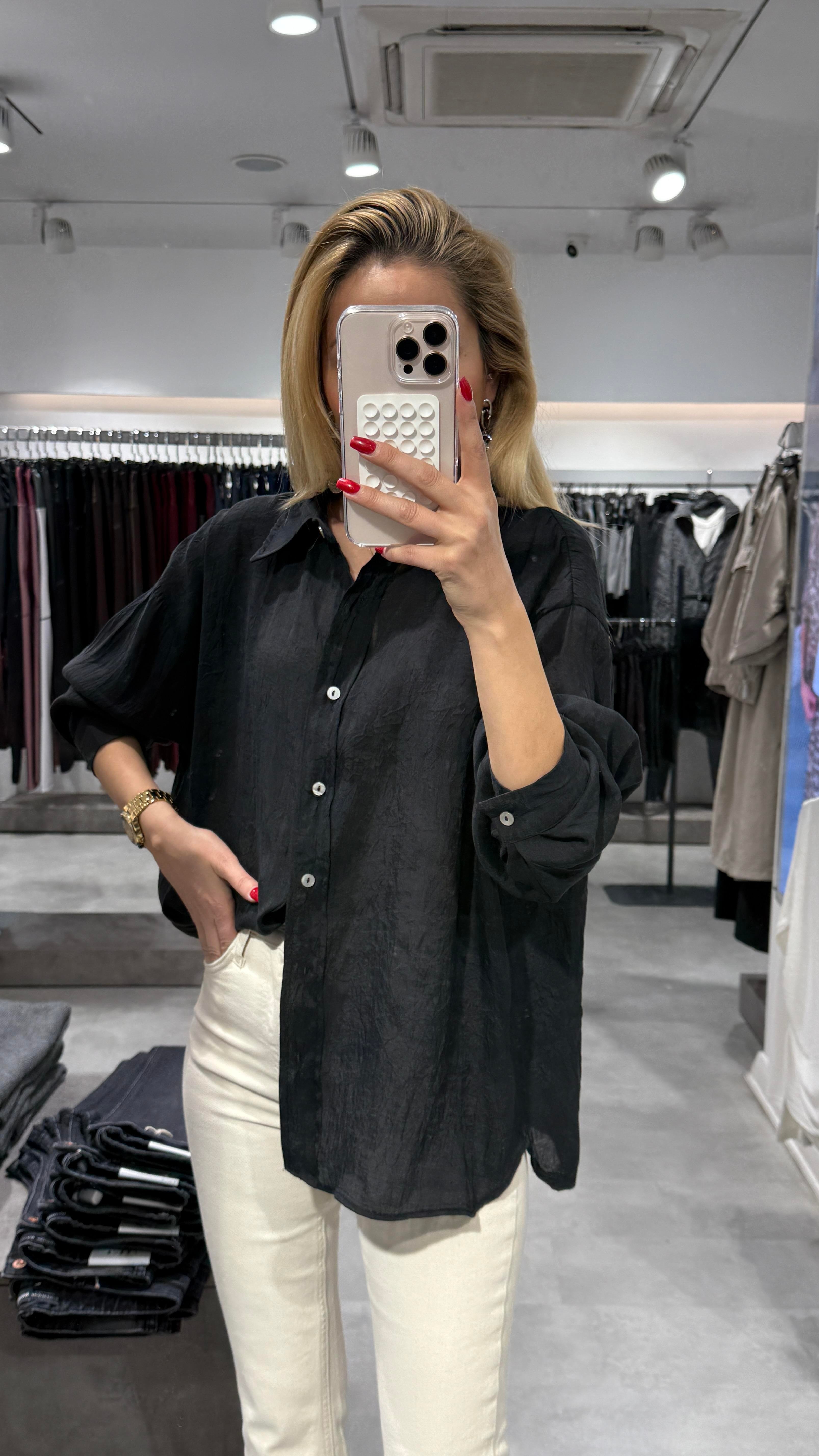 Siyah Kırışık Oversize Gömlek GÖMLEK