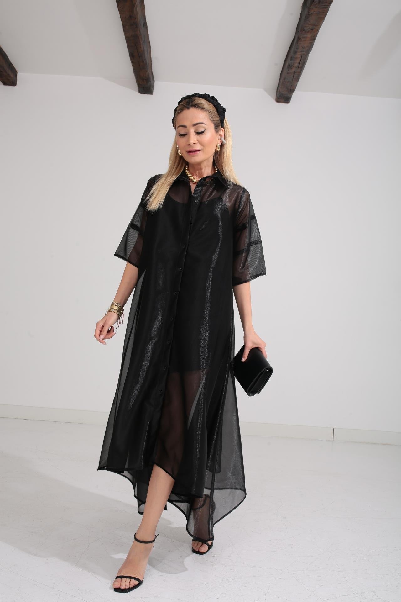 Siyah Organze Astarlı Tül Elbise ELBİSE