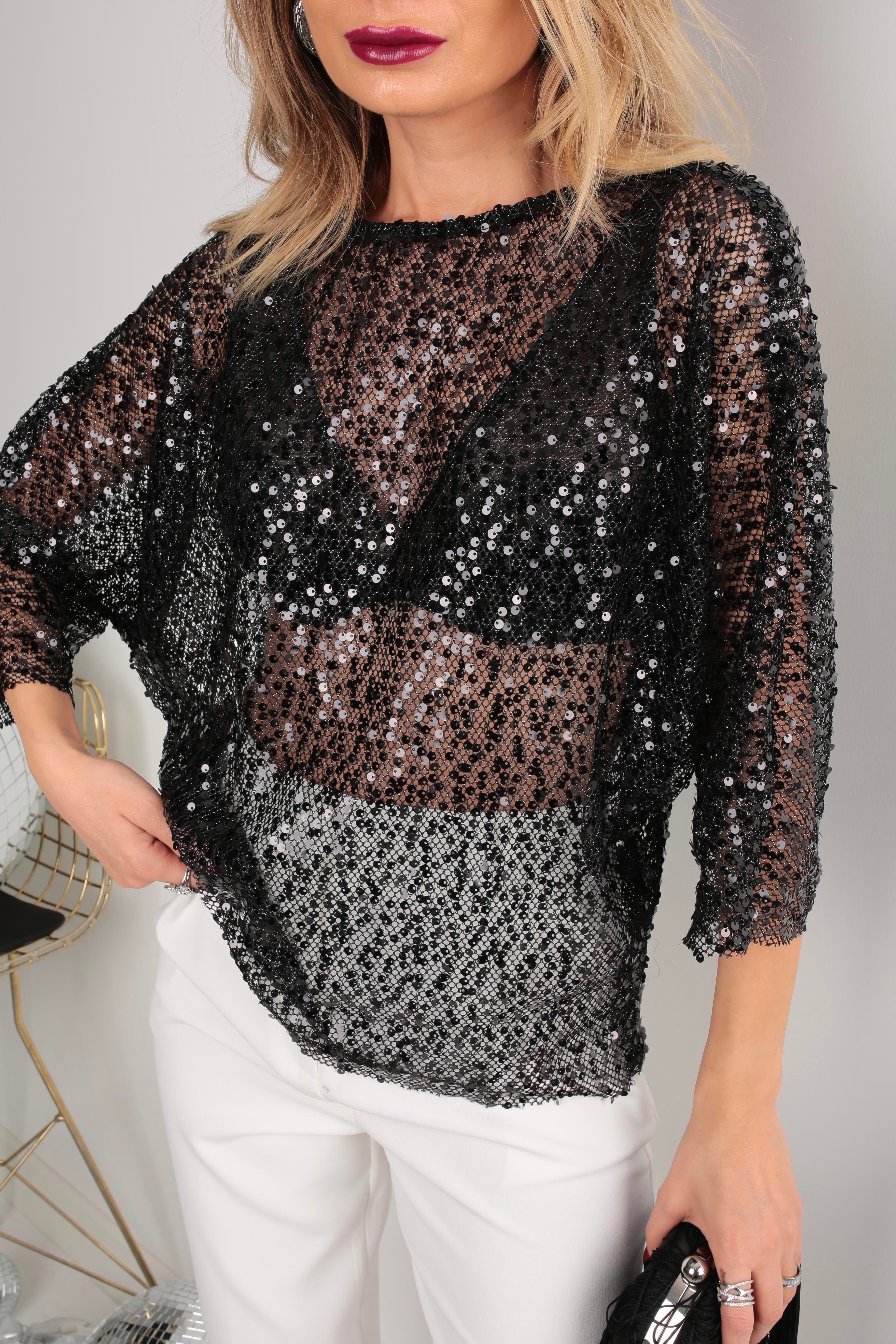 Siyah Payetli File Bluz BLUZ
