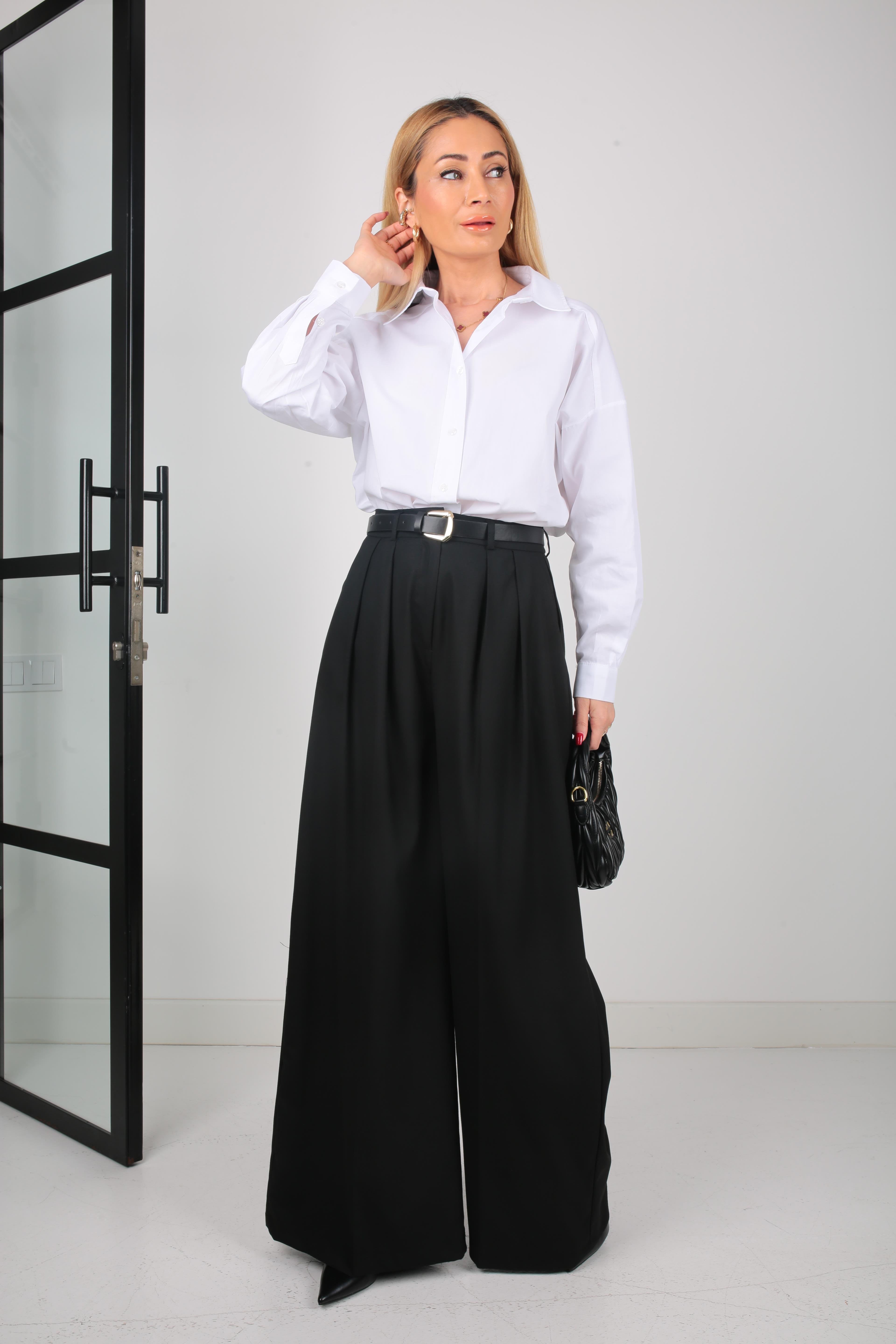 Siyah Pileli Kemerli Palazzo Pantolon PANTOLON