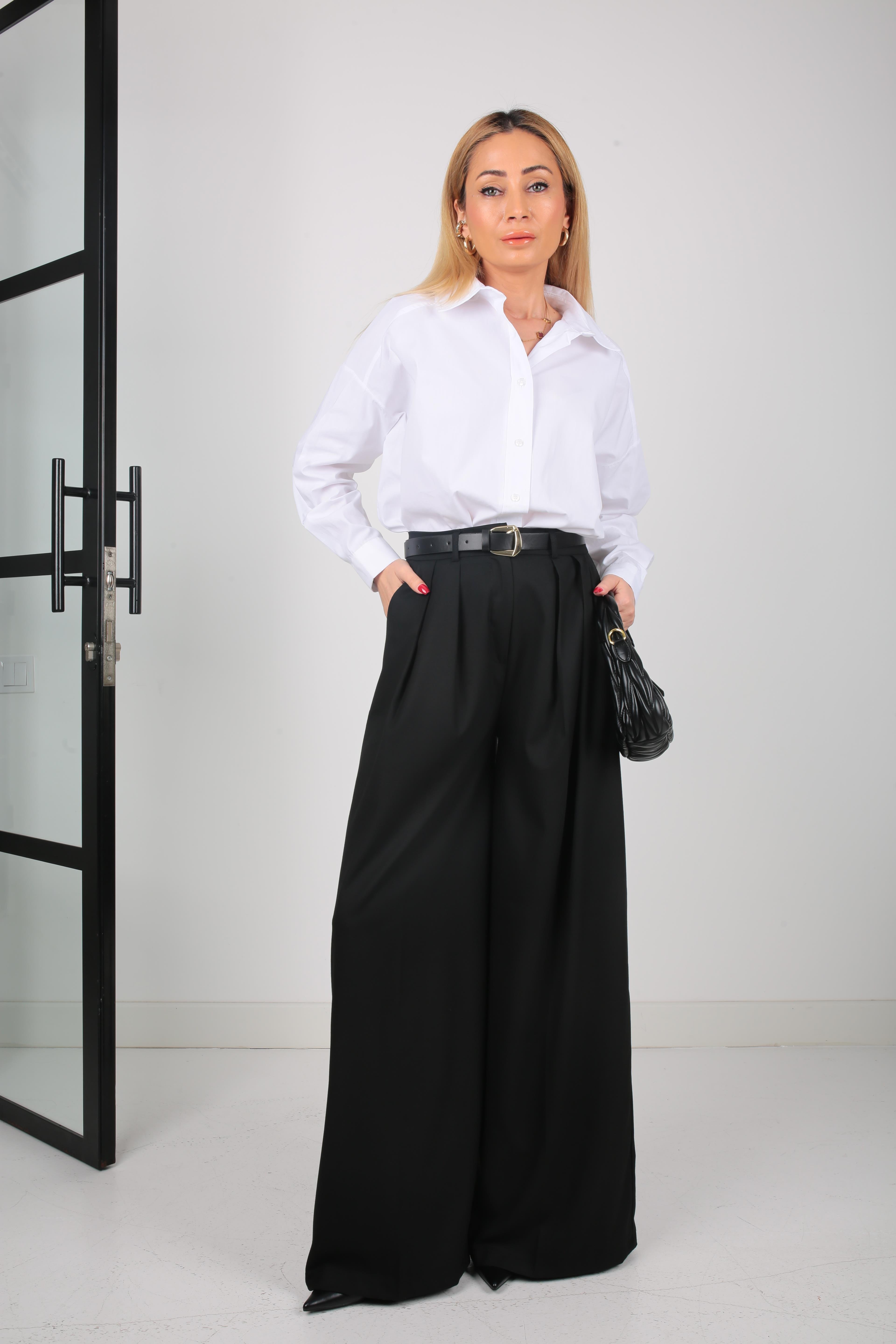 Siyah Pileli Kemerli Palazzo Pantolon PANTOLON