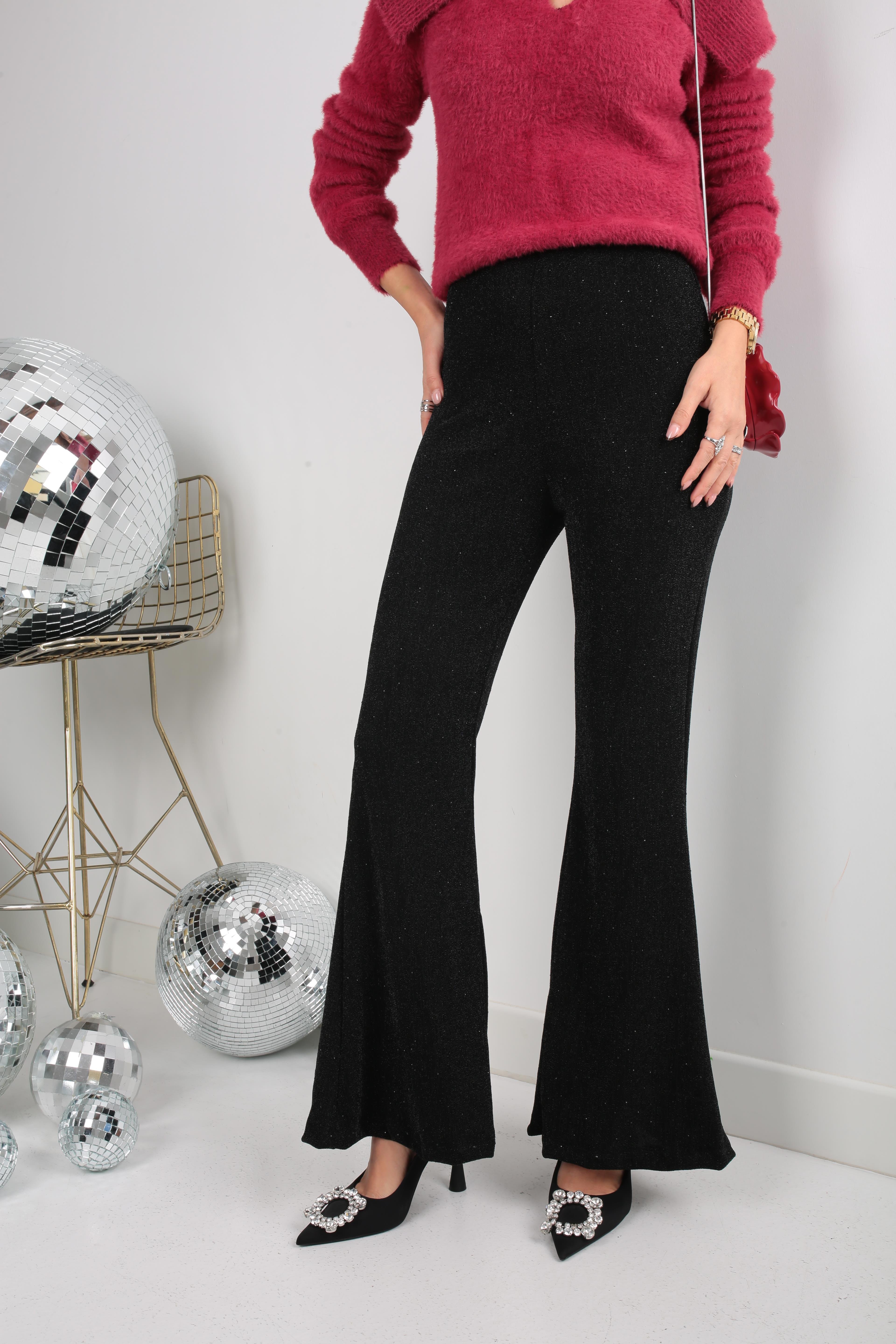 Siyah Simli İspanyol Paça Pantolon PANTOLON