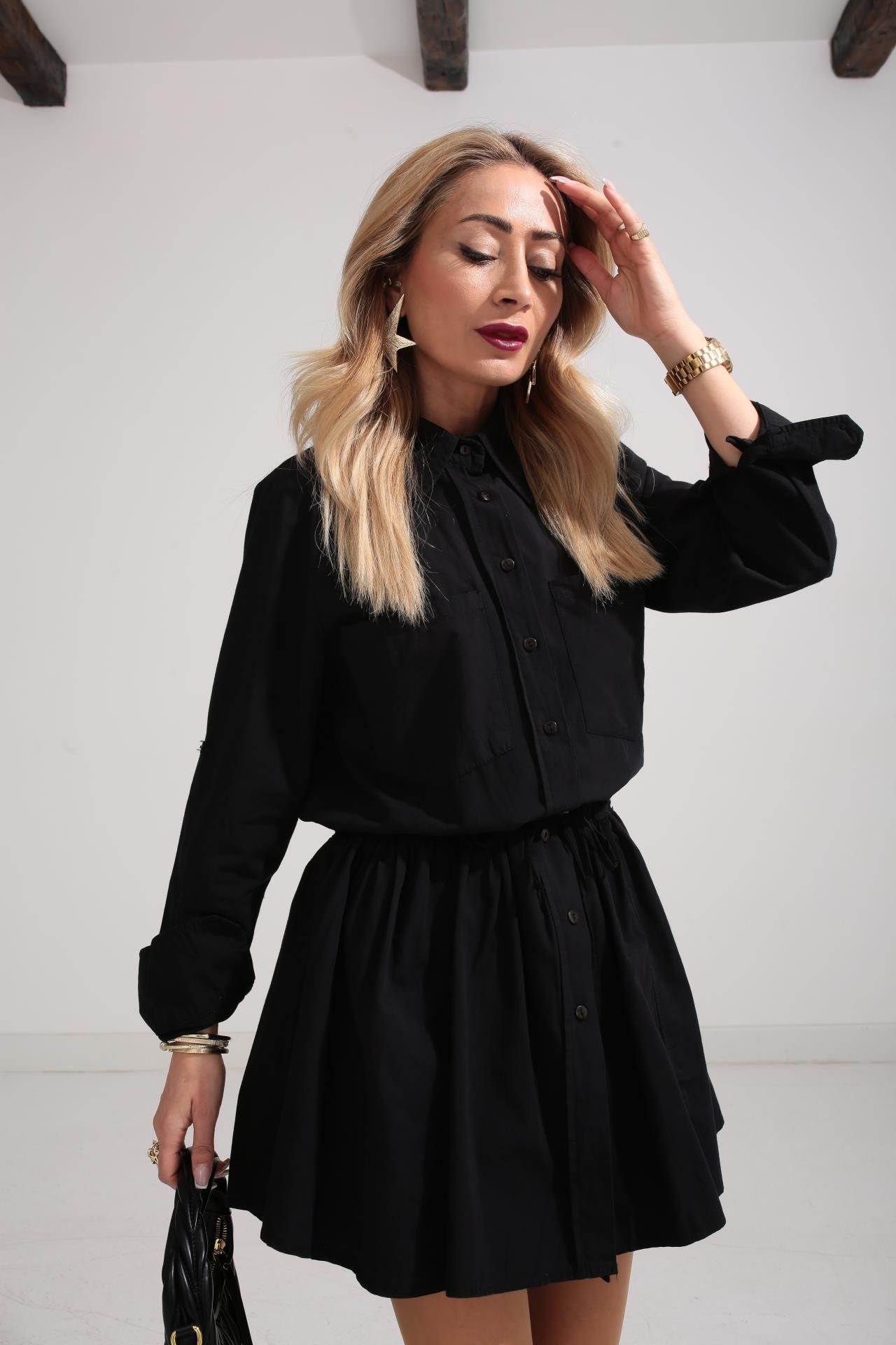 Siyah Şort Astarlı Pamuklu Kumaş Elbise ELBİSE