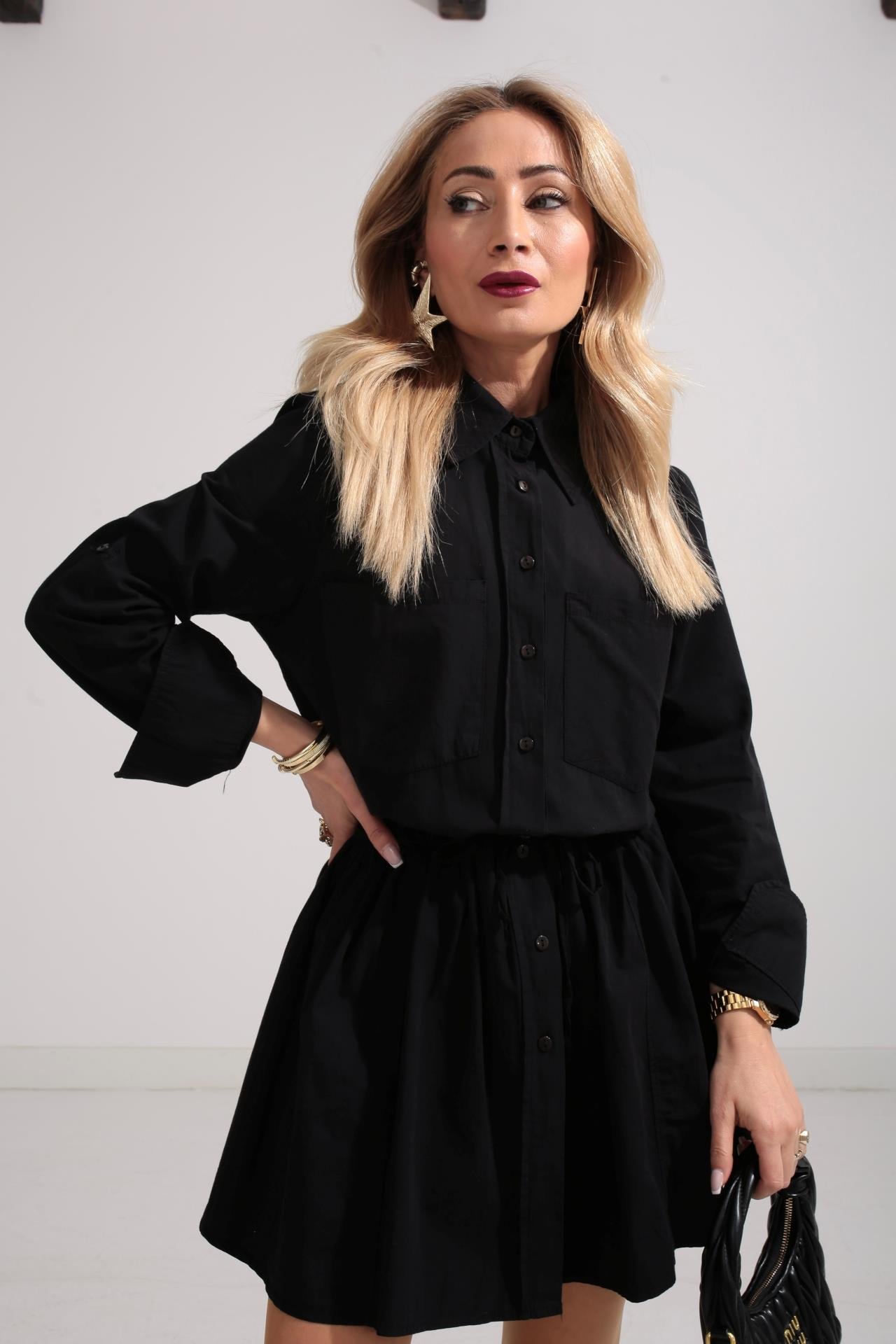 Siyah Şort Astarlı Pamuklu Kumaş Elbise ELBİSE