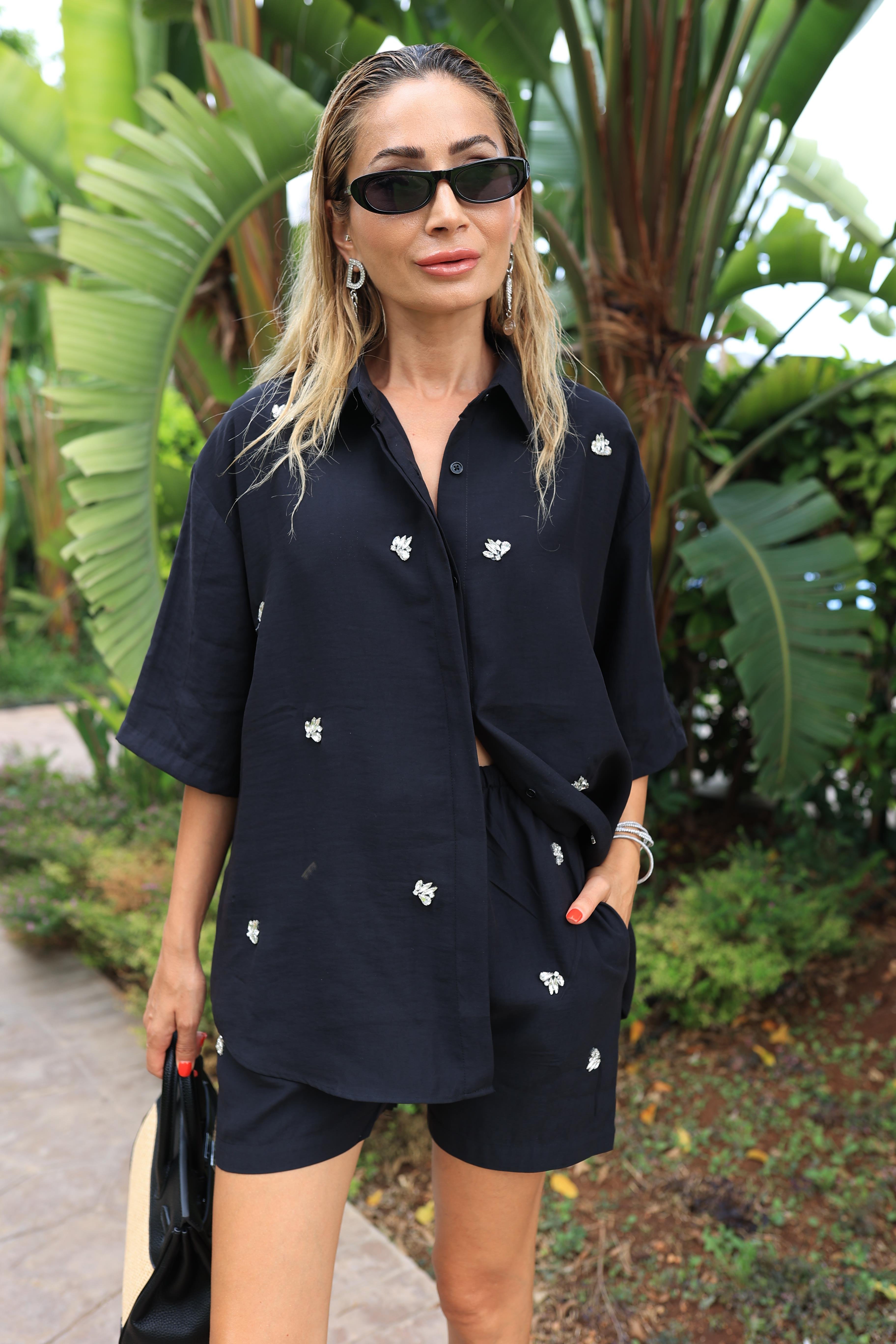 Siyah Taş İşli Şortlu Tensel Takım TAKIM | NO33