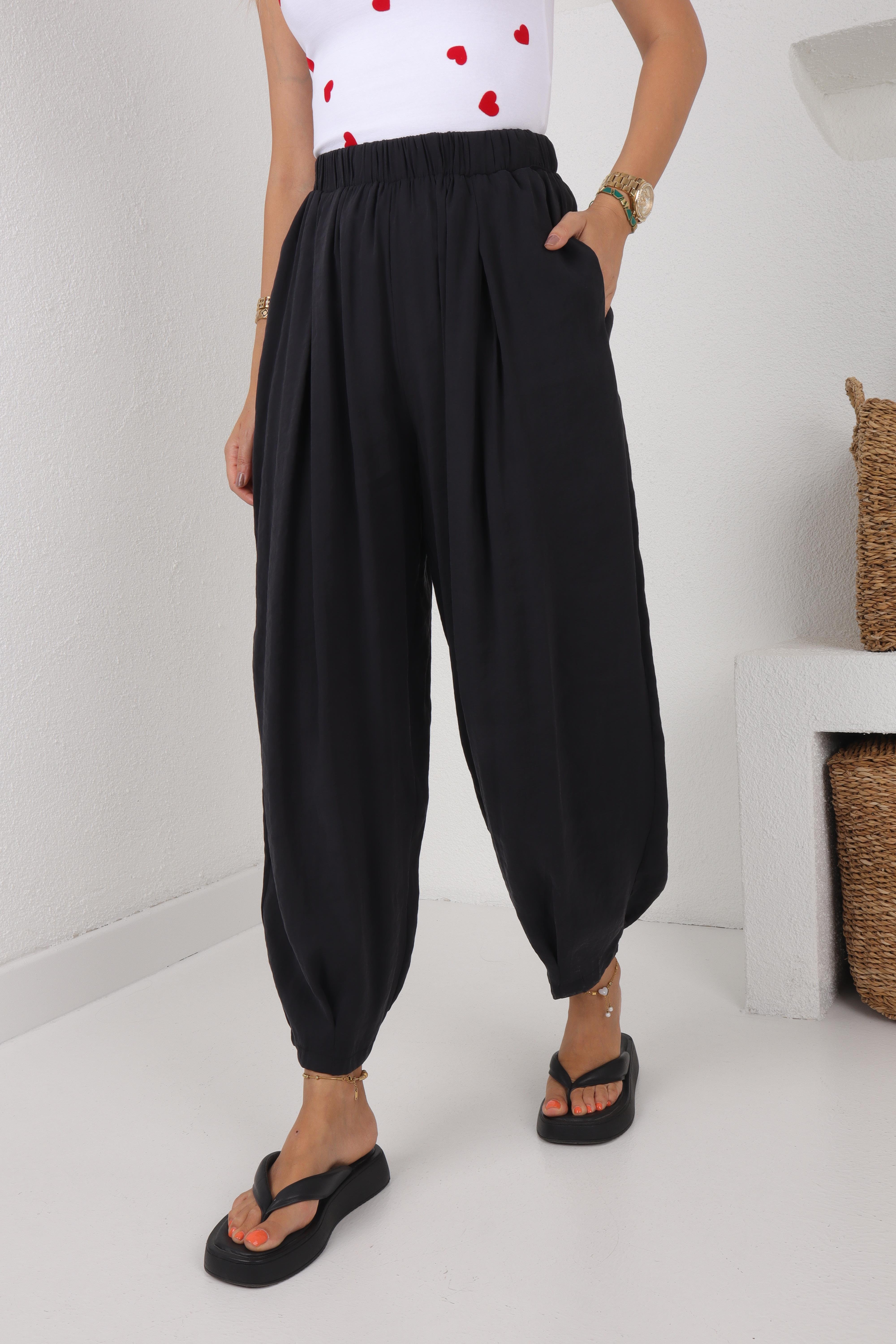 Siyah Tensel Kumaş Şalvar Pantolon PANTOLON