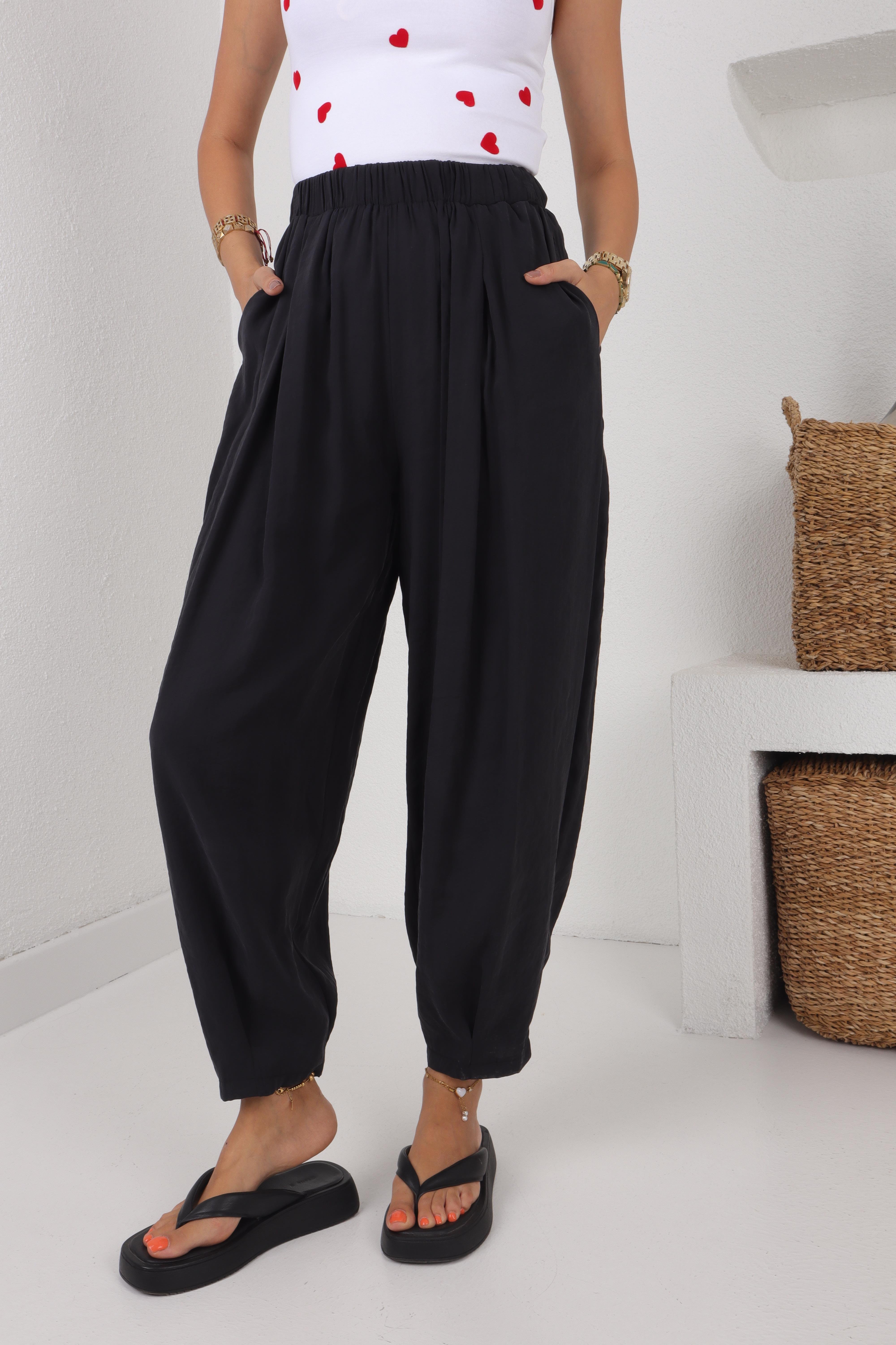 Siyah Tensel Kumaş Şalvar Pantolon PANTOLON