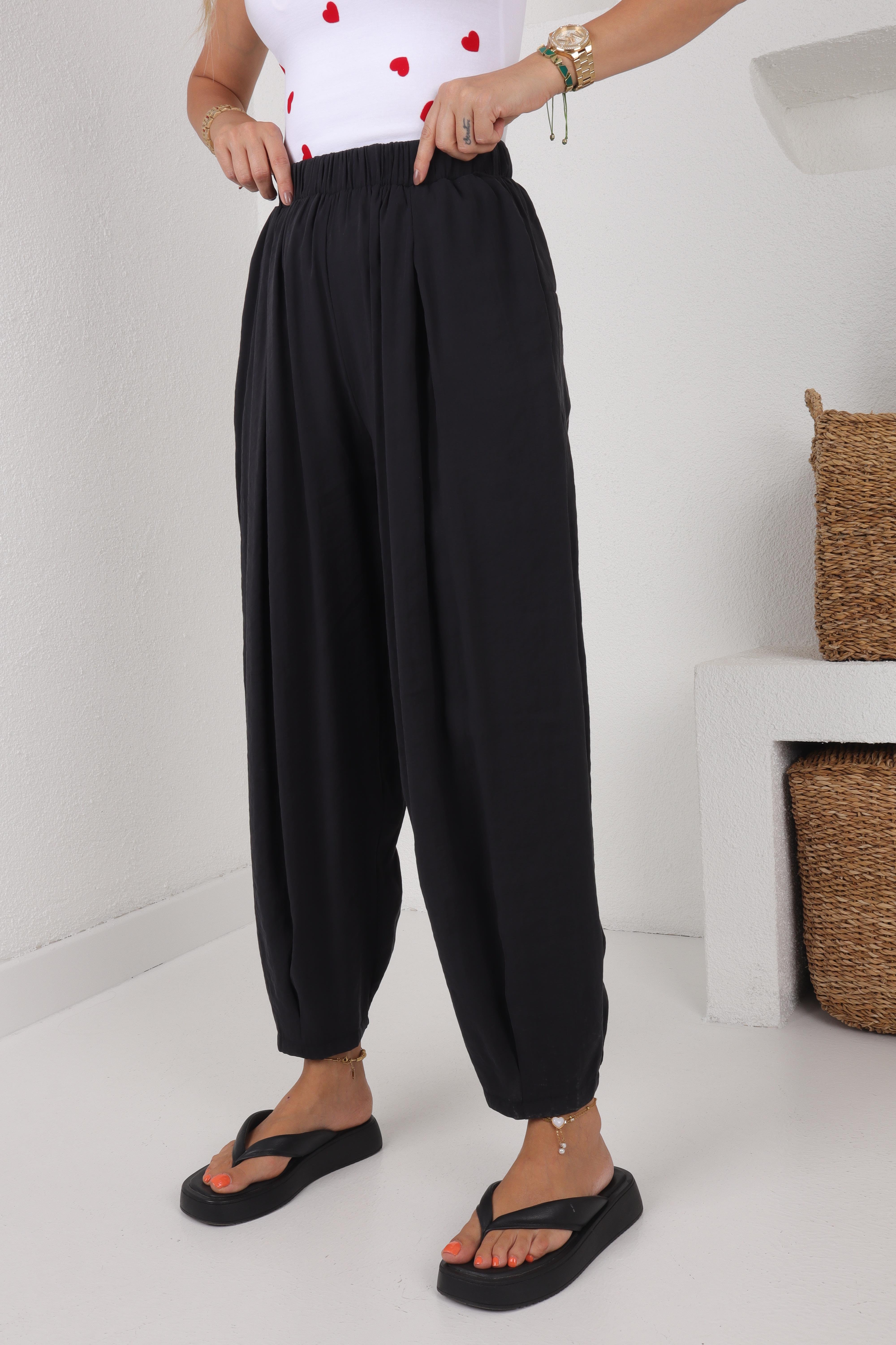 Siyah Tensel Kumaş Şalvar Pantolon PANTOLON