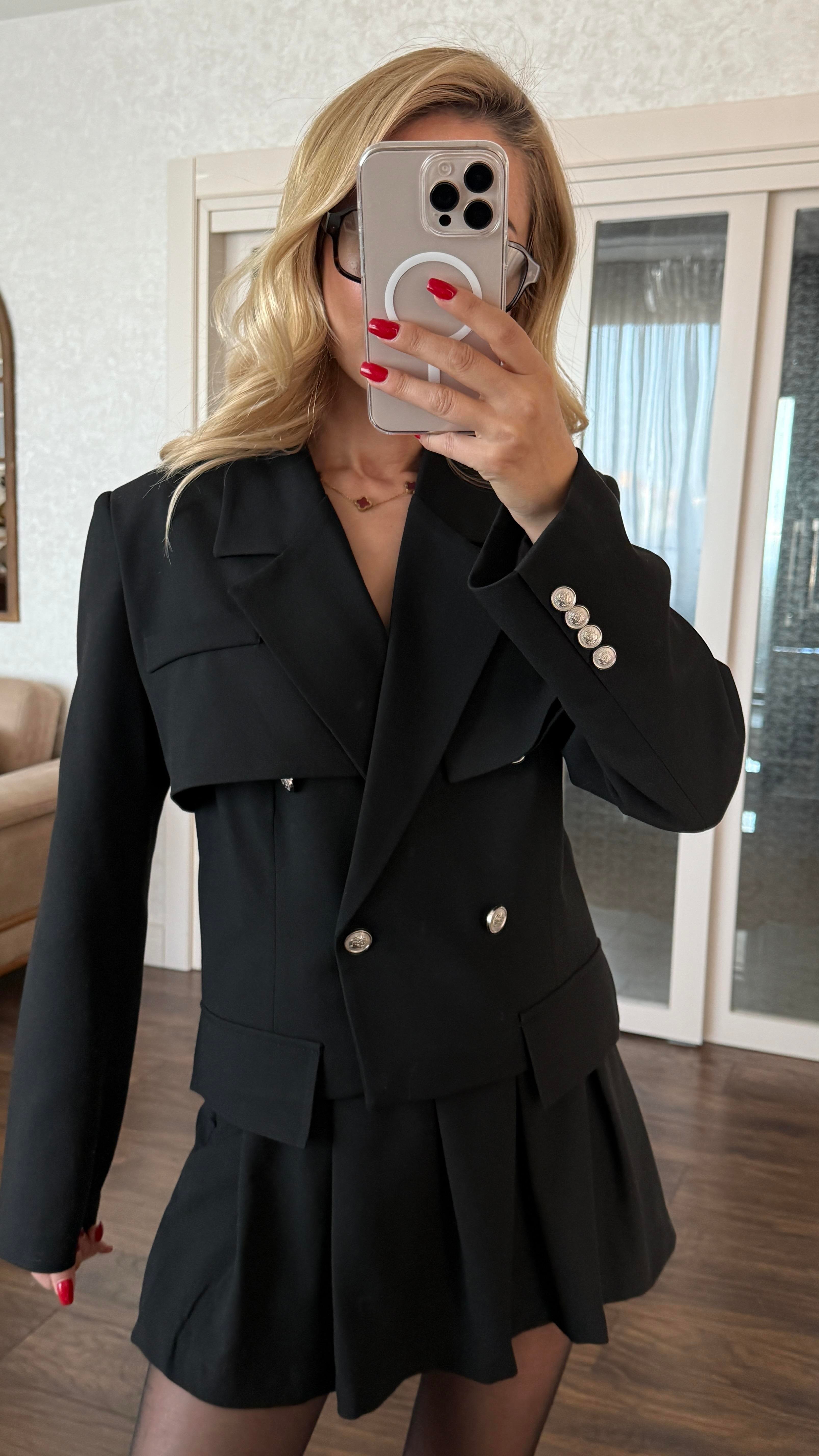 Siyah Yelekli Crop Ceket Takım CEKET